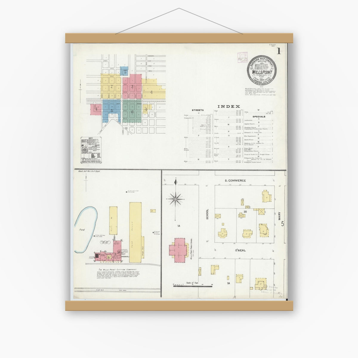 Old map wall art mockup — magnetic wood frame on white wall — Sanborn Fire Insurance Map from Wills Point, Van Zandt County, Texas (1906) - Complete Map Set