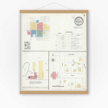 Old map wall art mockup — magnetic wood frame on white wall — Sanborn Fire Insurance Map from Wills Point, Van Zandt County, Texas (1906) - Complete Map Set