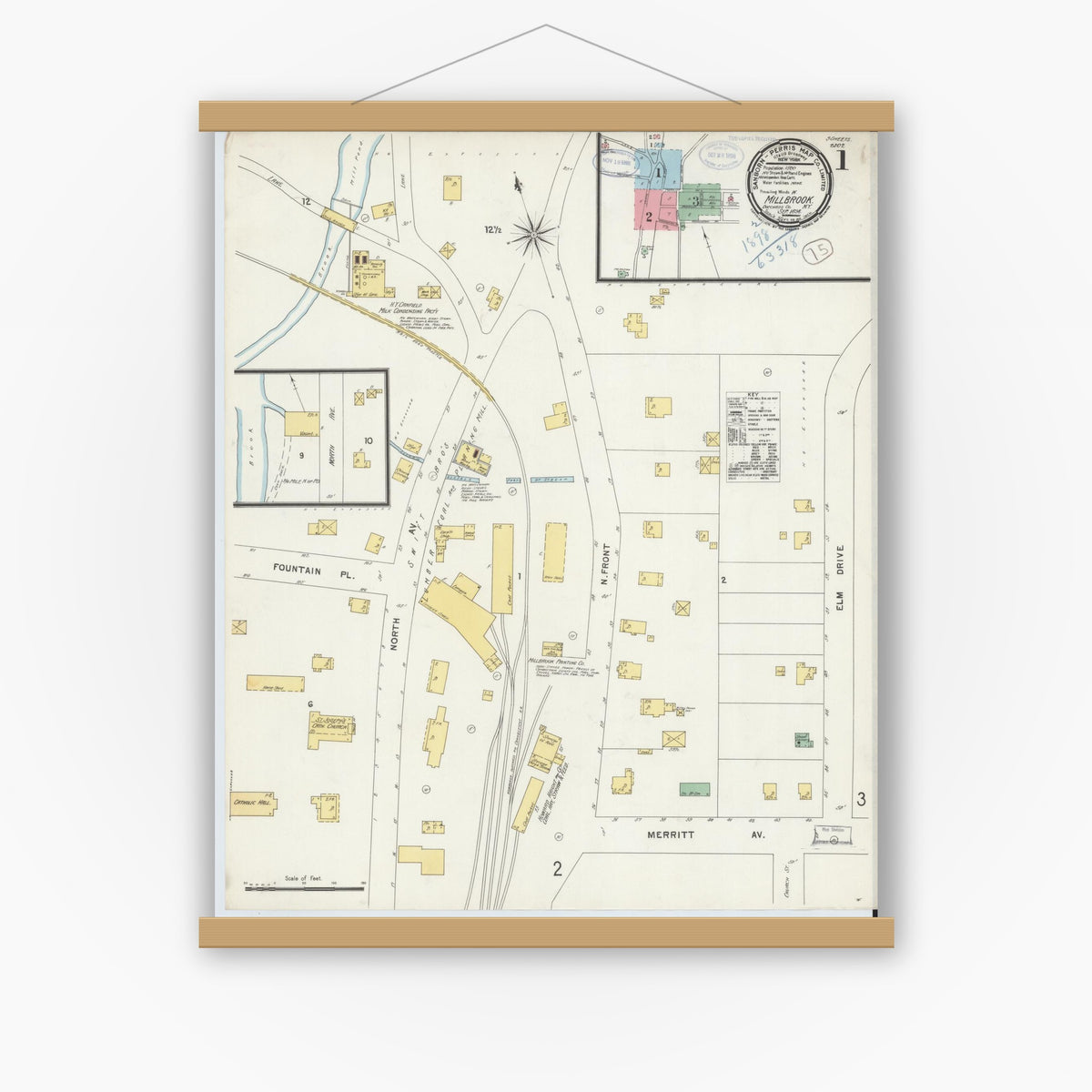 Old map wall art mockup — magnetic wood frame on white wall — Sanborn Fire Insurance Map from Millbrook, Dutchess County, New York (1898), Sheet #0001