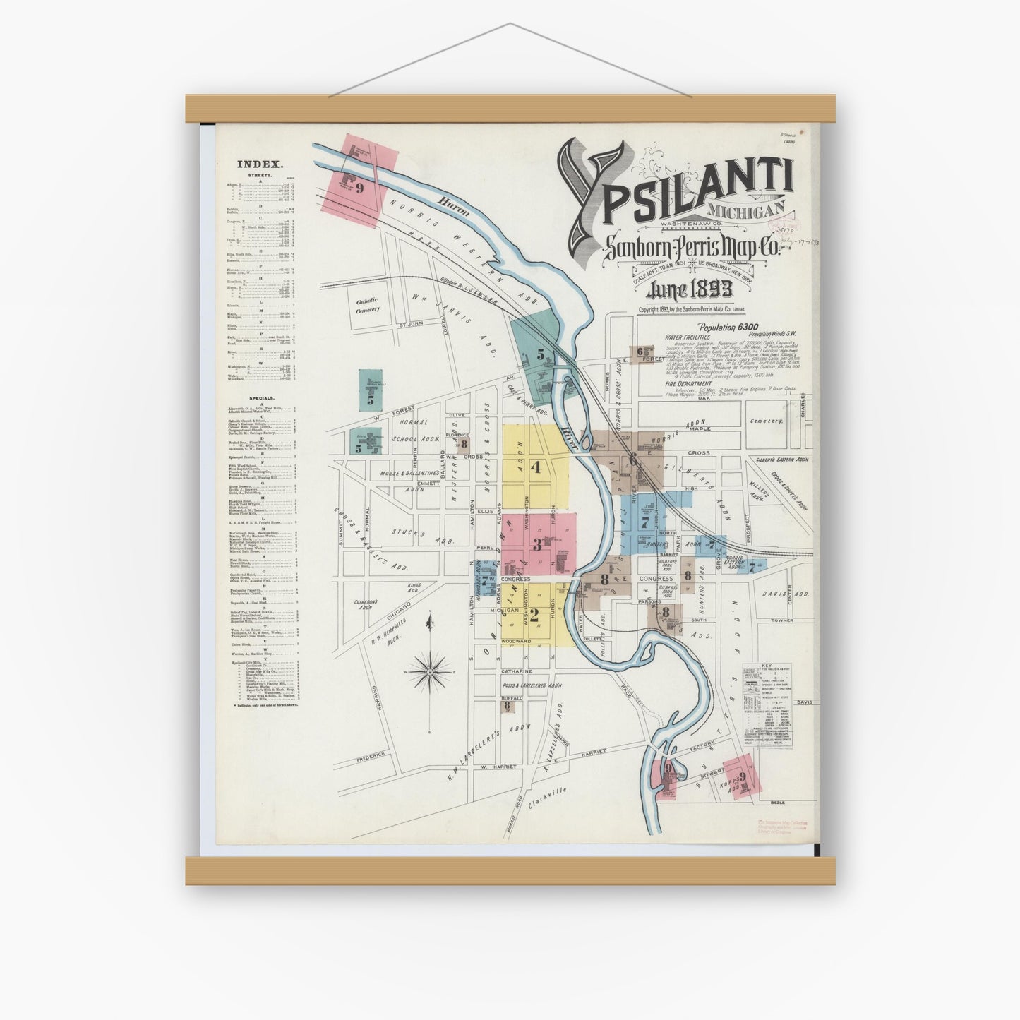 Old map wall art mockup — magnetic wood frame on white wall — Sanborn Fire Insurance Map from Ypsilanti, Washtenaw County, Michigan (1893) - Complete Map Set