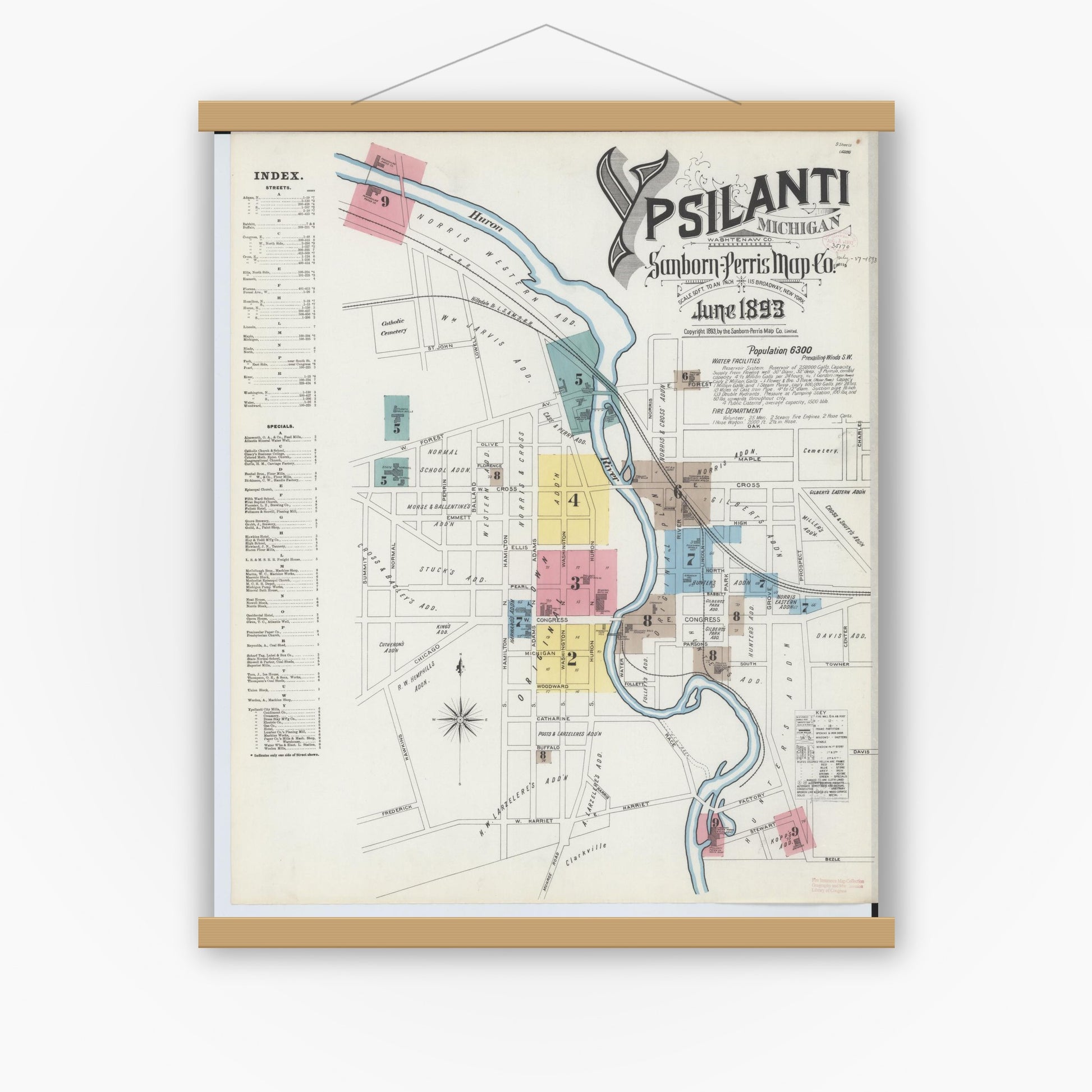 Old map wall art mockup — magnetic wood frame on white wall — Sanborn Fire Insurance Map from Ypsilanti, Washtenaw County, Michigan (1893) - Complete Map Set