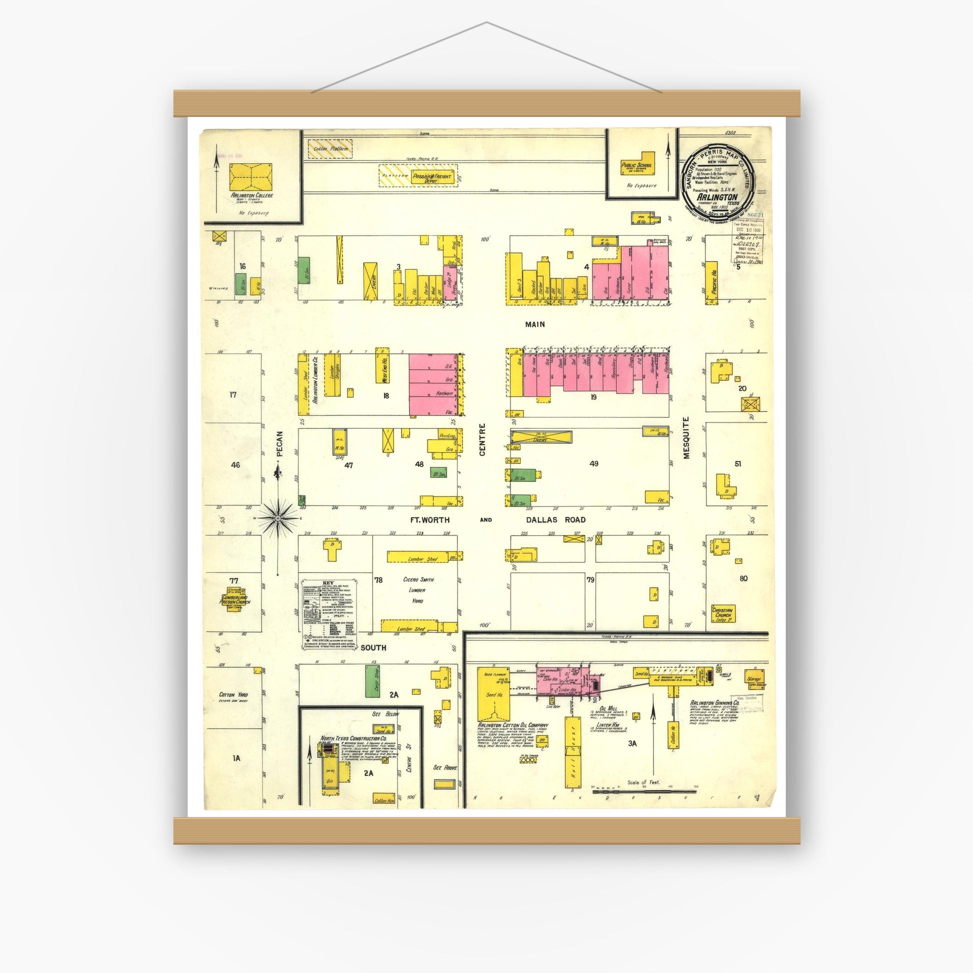 Old map wall art mockup — magnetic wood frame on white wall — Sanborn Fire Insurance Map from Arlington, Tarrant County, Texas (1900), Sheet #0001