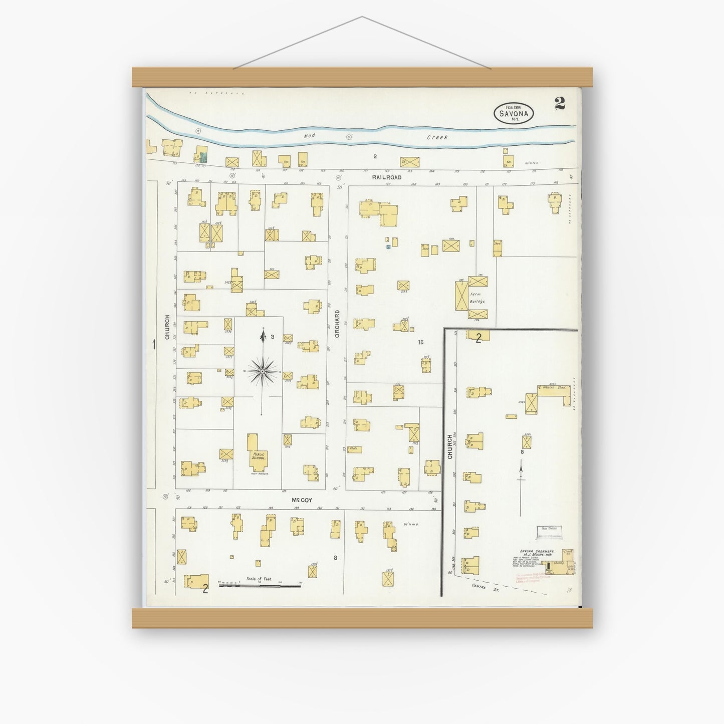 Old map wall art mockup — magnetic wood frame on white wall — Sanborn Fire Insurance Map from Savona, Steuben County, New York (1904), Sheet #0002