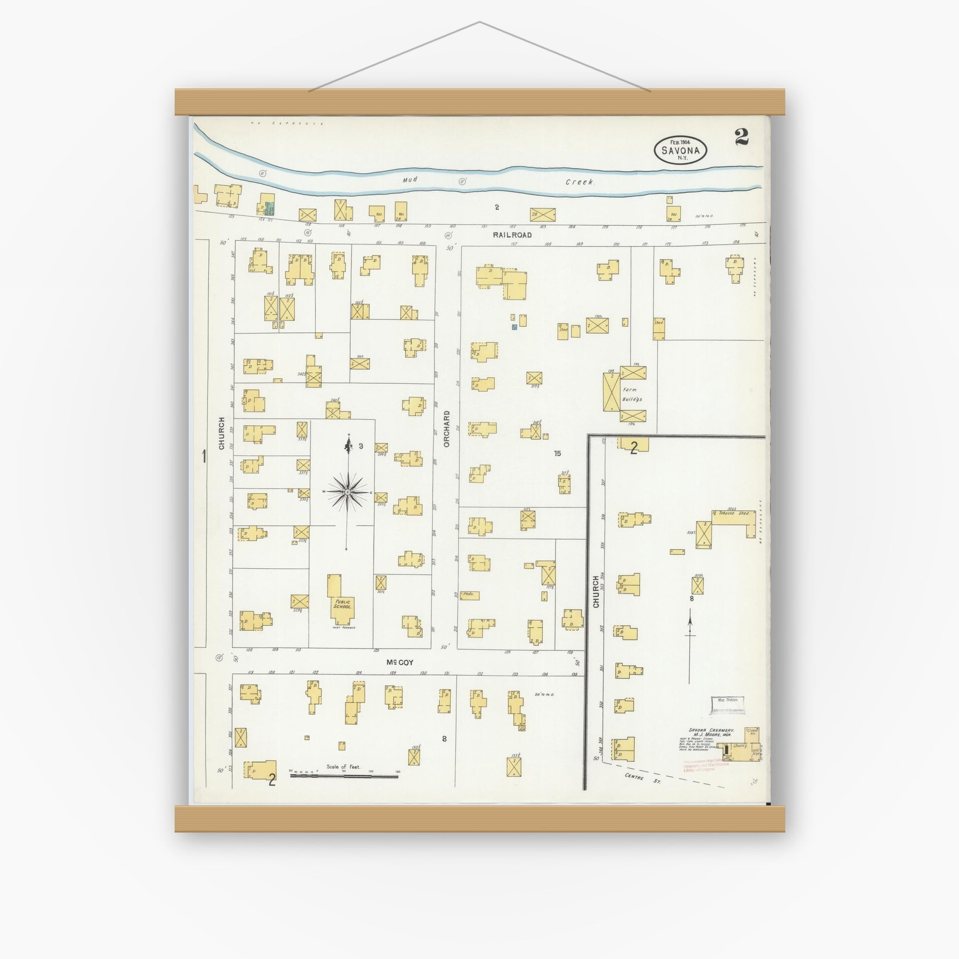 Old map wall art mockup — magnetic wood frame on white wall — Sanborn Fire Insurance Map from Savona, Steuben County, New York (1904), Sheet #0002