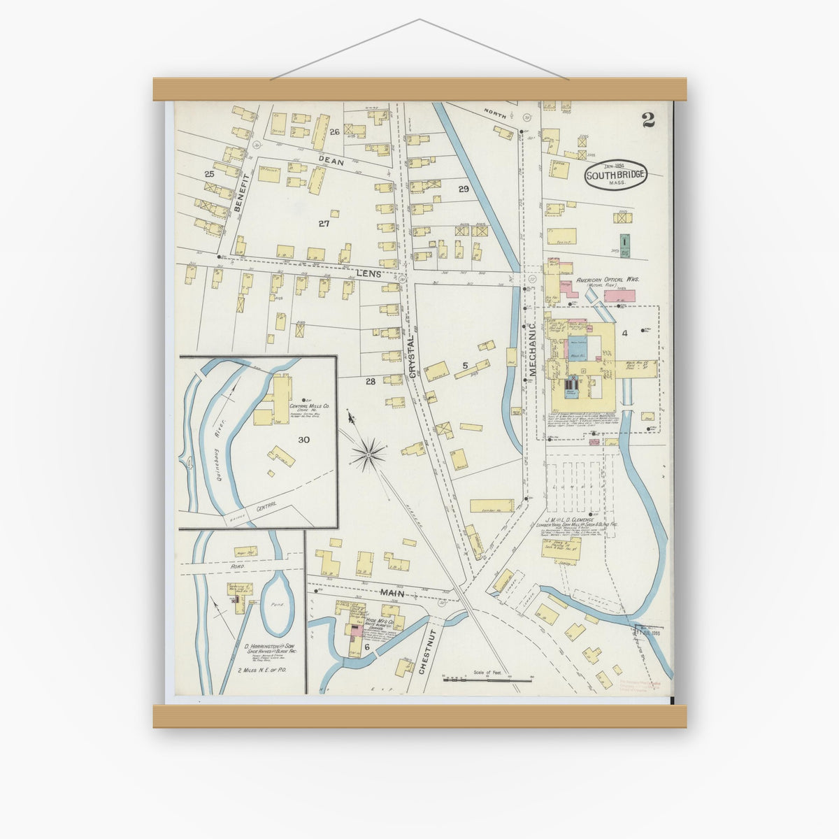 Old map wall art mockup — magnetic wood frame on white wall — Sanborn Fire Insurance Map from Southbridge, Worcester County, Massachusetts (1894), Sheet #0002