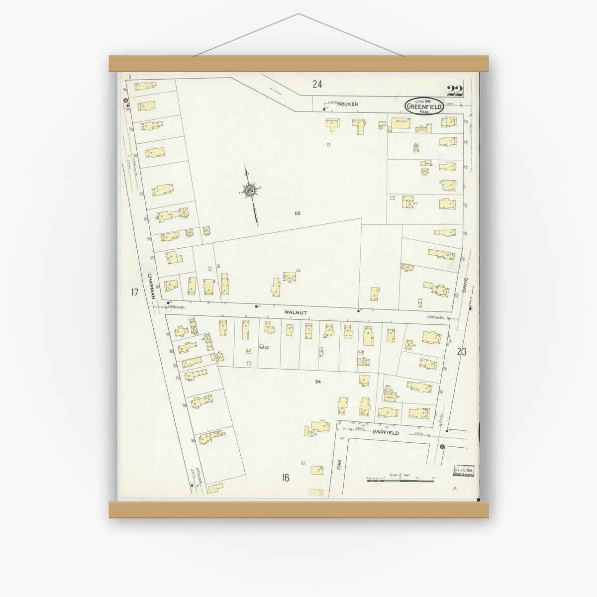 Old map wall art mockup — magnetic wood frame on white wall — Sanborn Fire Insurance Map from Greenfield, Franklin County, Massachusetts (1914), Sheet #0022