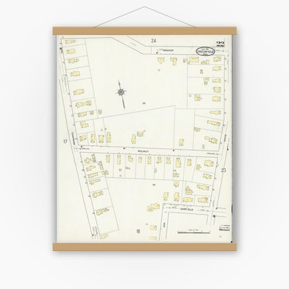 Old map wall art mockup — magnetic wood frame on white wall — Sanborn Fire Insurance Map from Greenfield, Franklin County, Massachusetts (1914), Sheet #0022