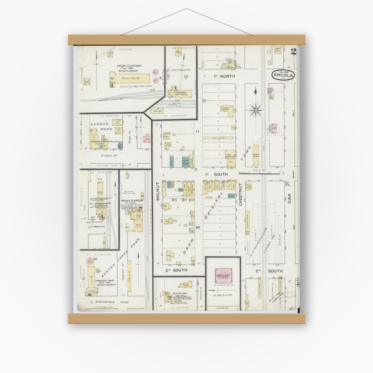 Old map wall art mockup — magnetic wood frame on white wall — Sanborn Fire Insurance Map from Arcola, Douglas County, Illinois (1887), Sheet #0002