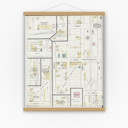 Old map wall art mockup — magnetic wood frame on white wall — Sanborn Fire Insurance Map from Arcola, Douglas County, Illinois (1887), Sheet #0002