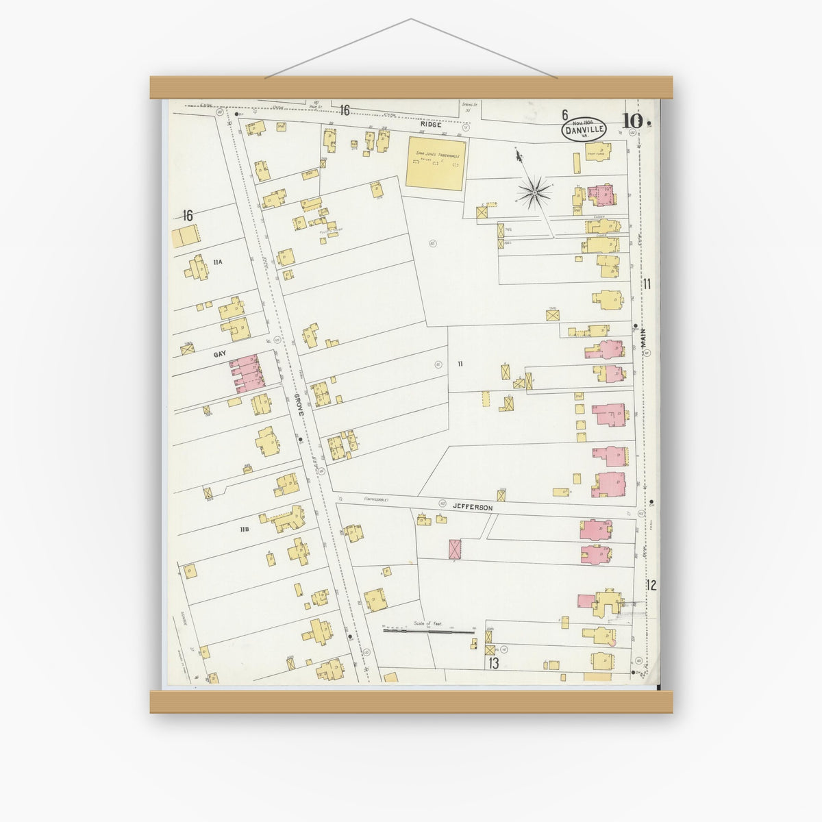 Old map wall art mockup — magnetic wood frame on white wall — Sanborn Fire Insurance Map from Danville, Independent Cities, Virginia (1904), Sheet #0010