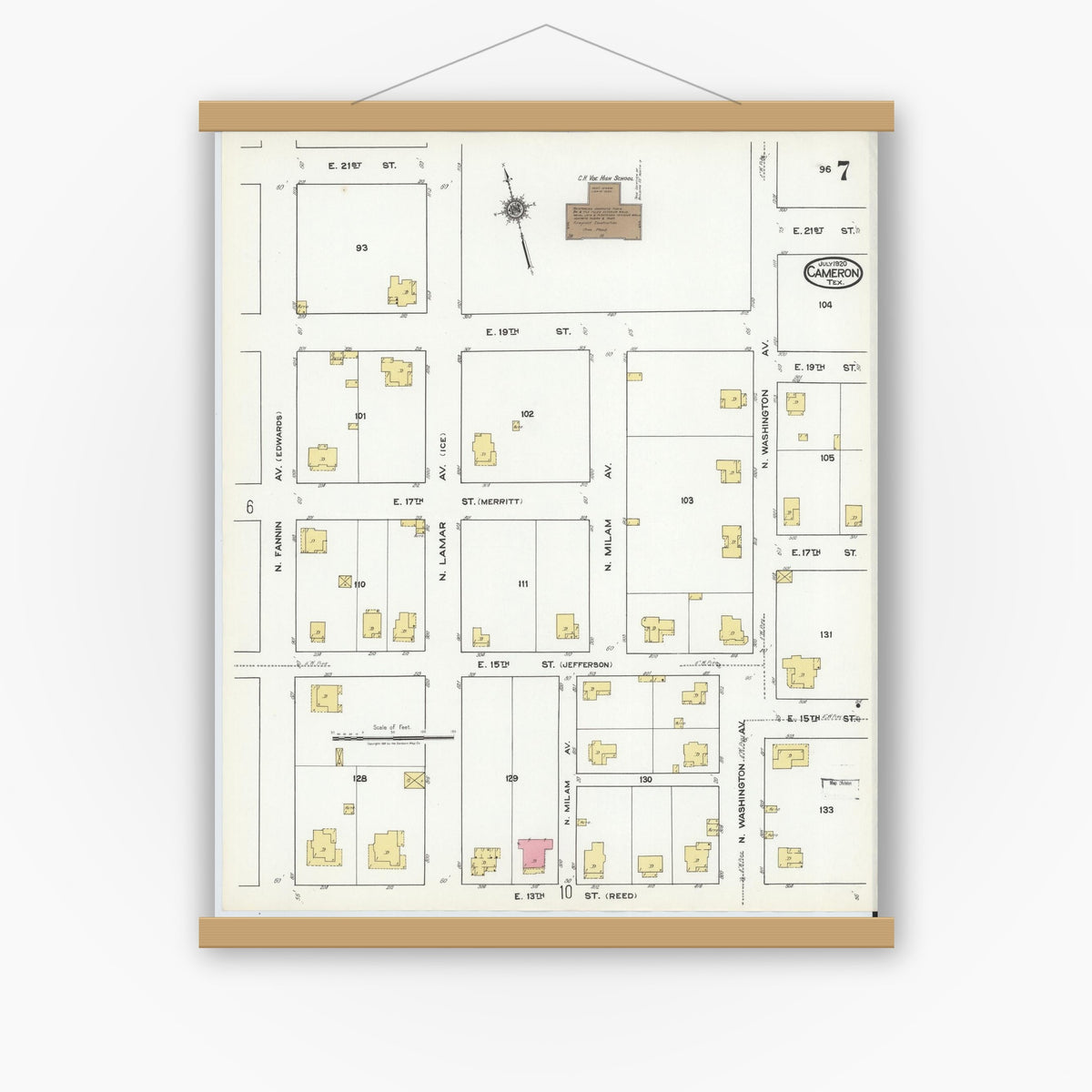 Old map wall art mockup — magnetic wood frame on white wall — Sanborn Fire Insurance Map from Cameron, Milam County, Texas (1920), Sheet #0007