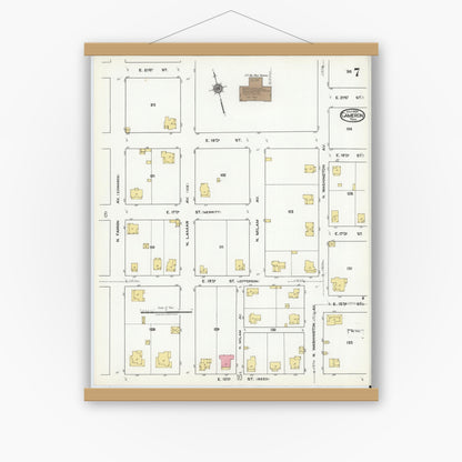 Old map wall art mockup — magnetic wood frame on white wall — Sanborn Fire Insurance Map from Cameron, Milam County, Texas (1920), Sheet #0007