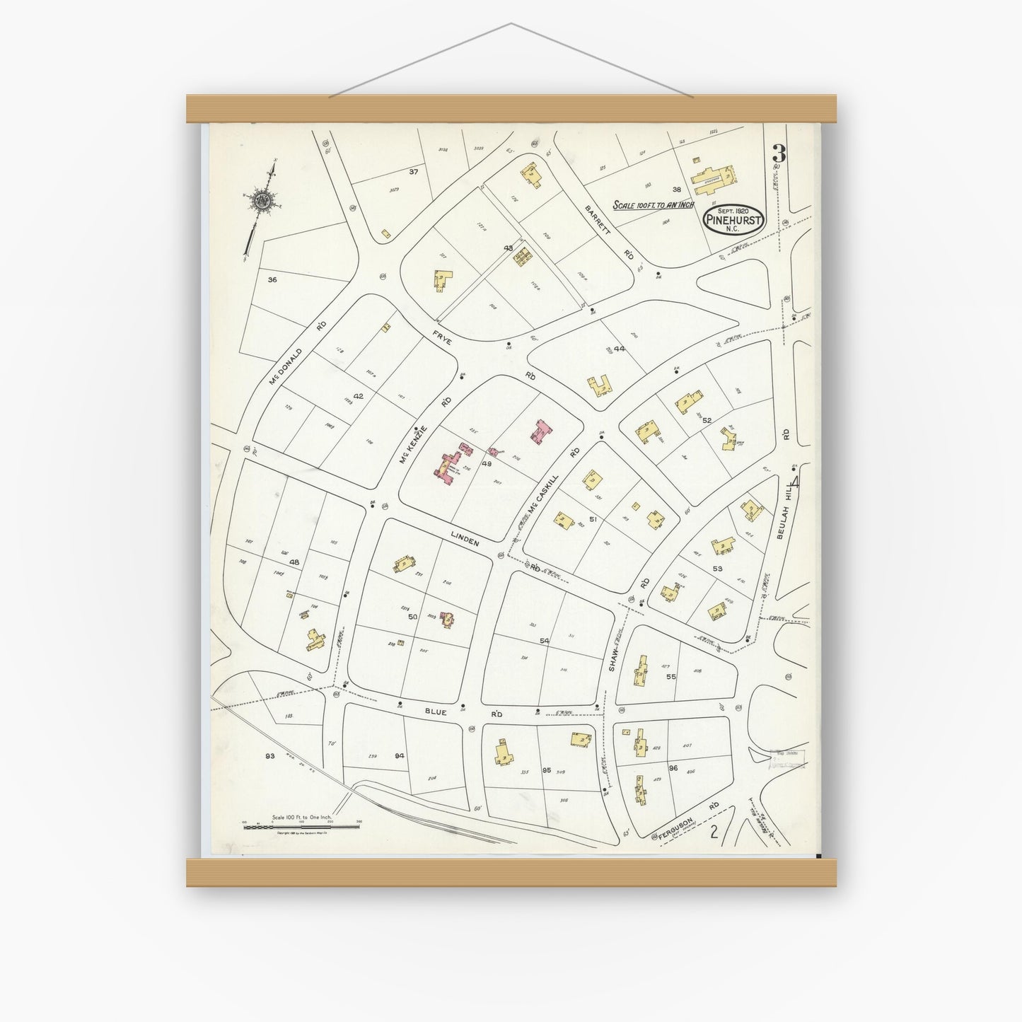 Old map wall art mockup — magnetic wood frame on white wall — Sanborn Fire Insurance Map from Pinehurst, Moore County, North Carolina (1920), Sheet #0003