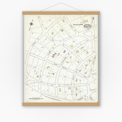 Old map wall art mockup — magnetic wood frame on white wall — Sanborn Fire Insurance Map from Pinehurst, Moore County, North Carolina (1920), Sheet #0003