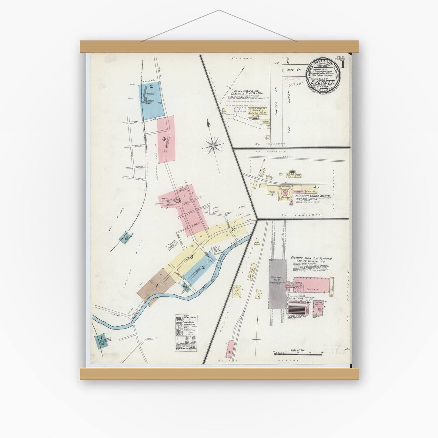 Old map wall art mockup — magnetic wood frame on white wall — Sanborn Fire Insurance Map from Everett, Bedford County, Pennsylvania (1891) - Complete Map Set