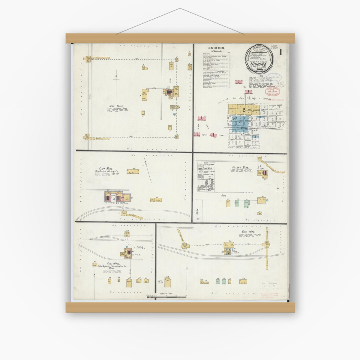 Old map wall art mockup — magnetic wood frame on white wall — Sanborn Fire Insurance Map from Hibbing, Saint Louis County, Minnesota (1897) - Complete Map Set