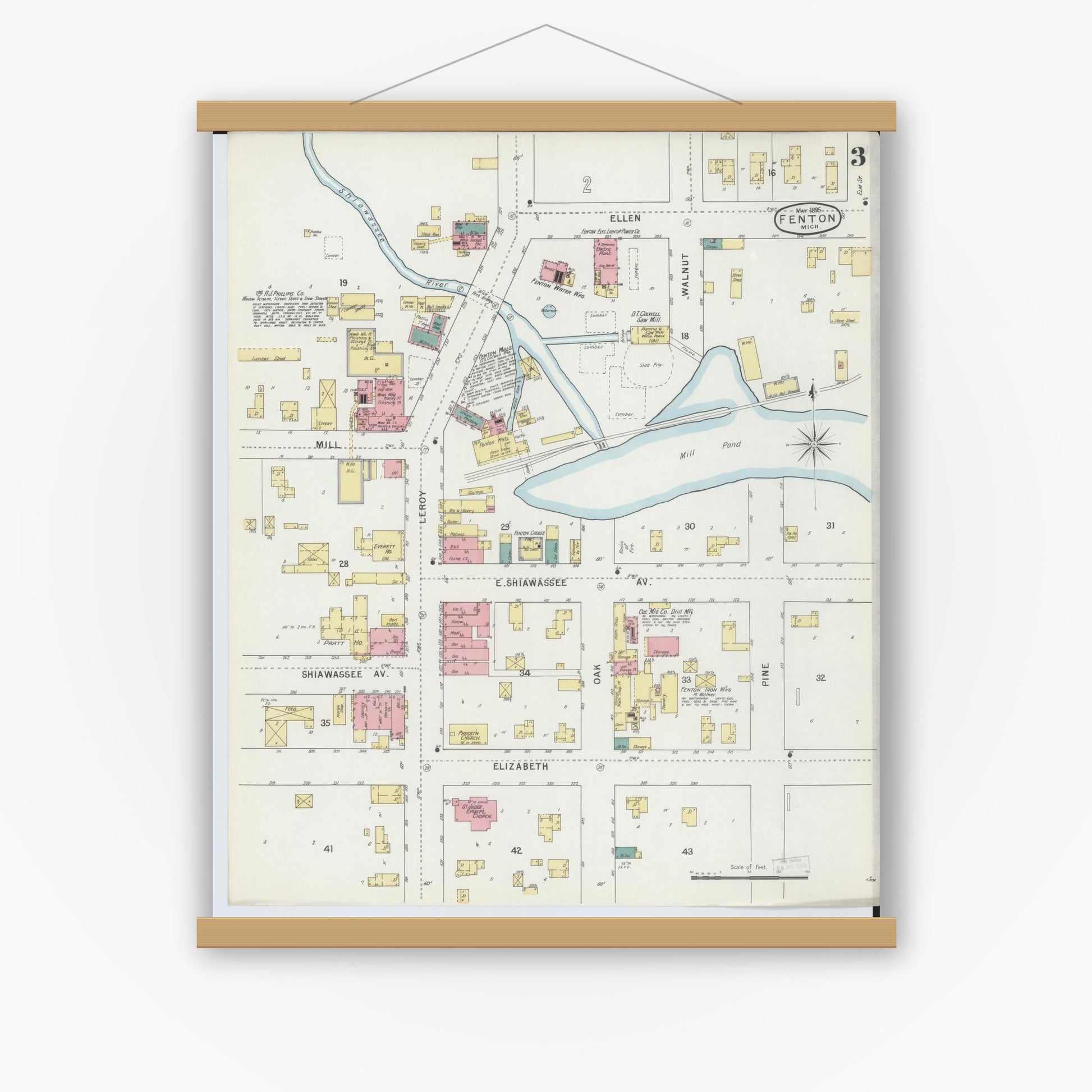 Old map wall art mockup — magnetic wood frame on white wall — Sanborn Fire Insurance Map from Fenton, Genesee County, Michigan (1895), Sheet #0003