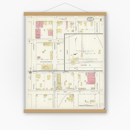 Old map wall art mockup — magnetic wood frame on white wall — Sanborn Fire Insurance Map from Perry, Taylor County, Florida (1913), Sheet #0004