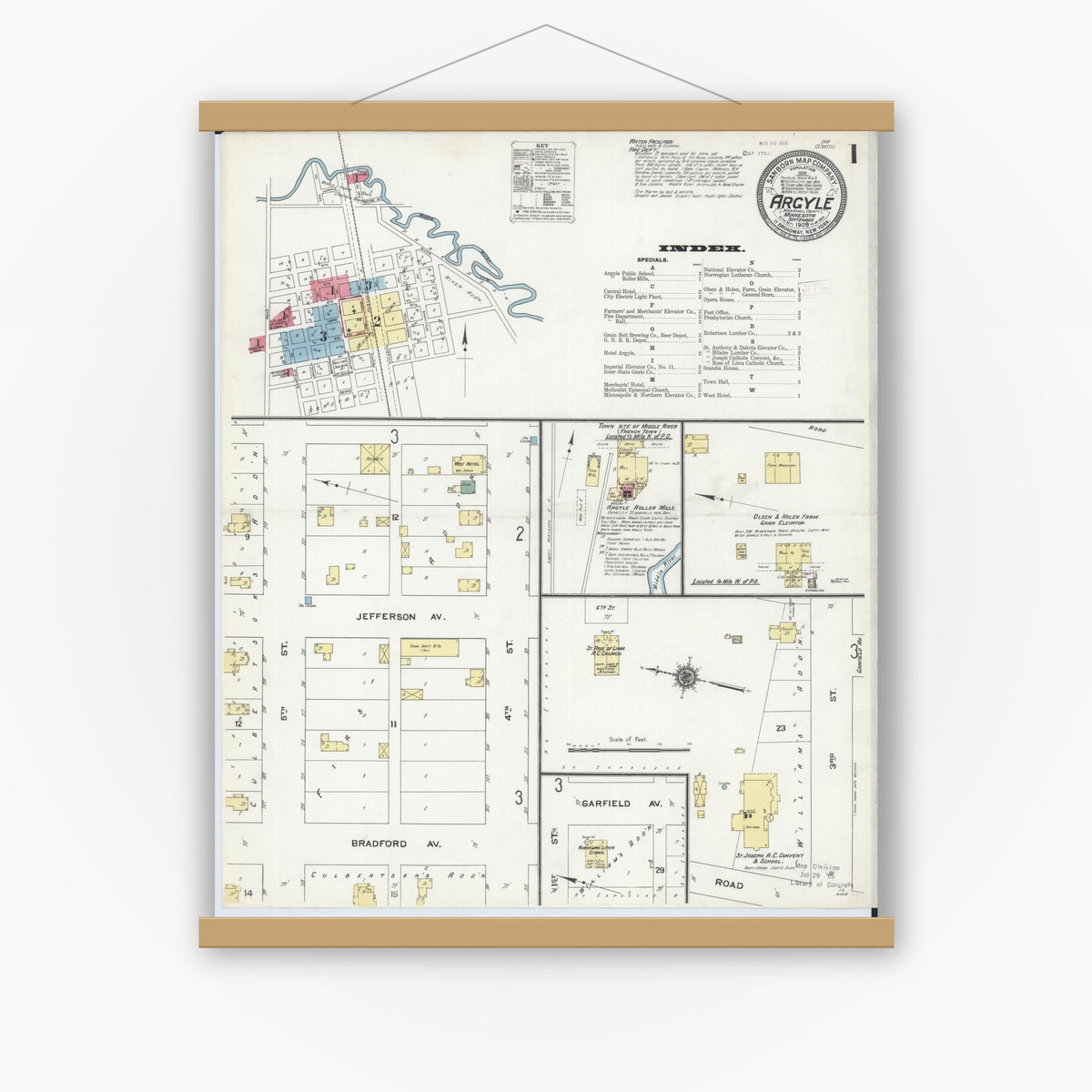 Old map wall art mockup — magnetic wood frame on white wall — Sanborn Fire Insurance Map from Argyle, Marshall County, Minnesota (1909) - Complete Map Set