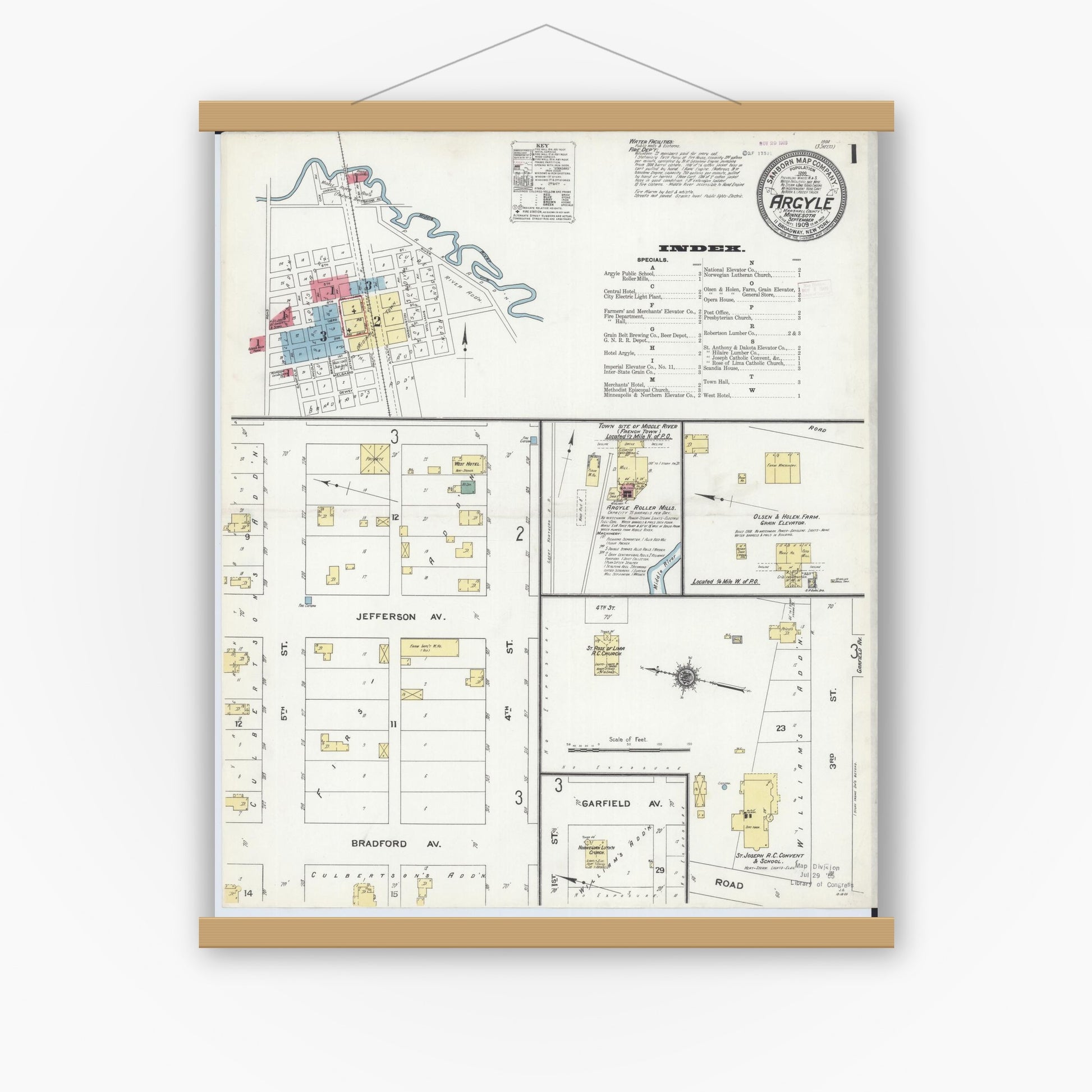 Old map wall art mockup — magnetic wood frame on white wall — Sanborn Fire Insurance Map from Argyle, Marshall County, Minnesota (1909) - Complete Map Set
