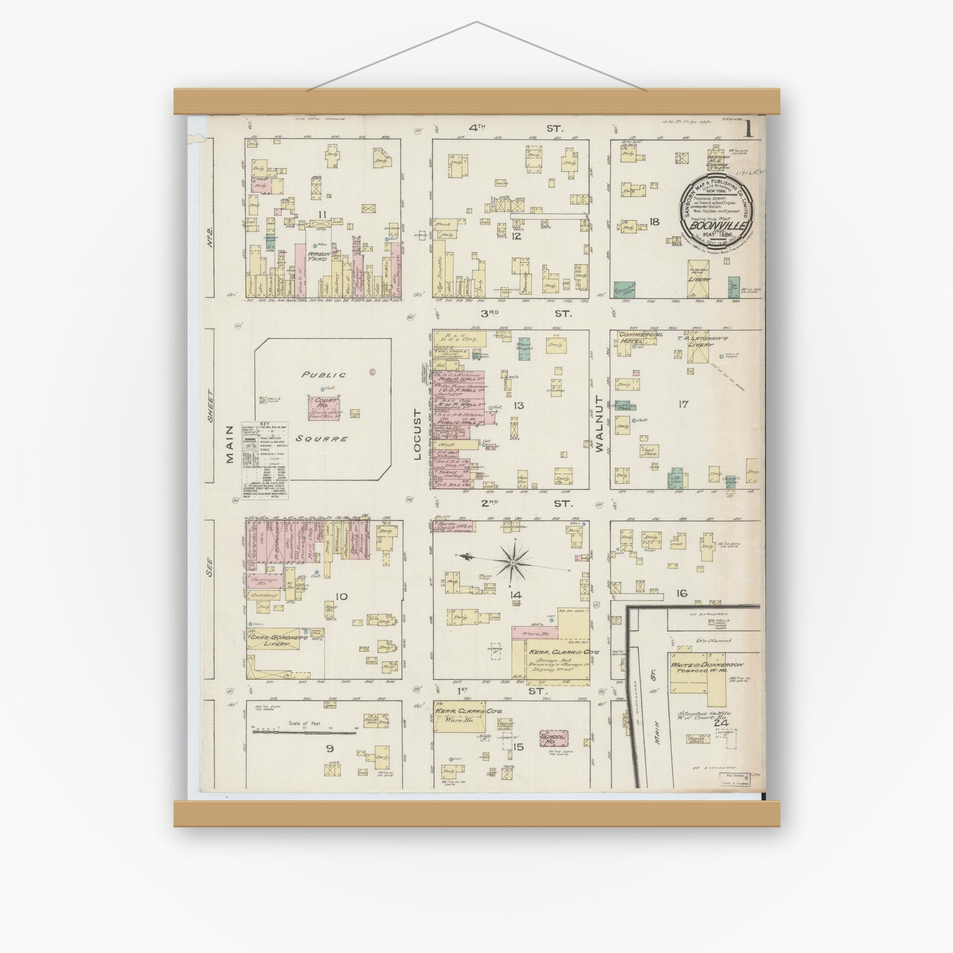 Old map wall art mockup — magnetic wood frame on white wall — Sanborn Fire Insurance Map from Boonville, Warrick County, Indiana (1886) - Complete Map Set