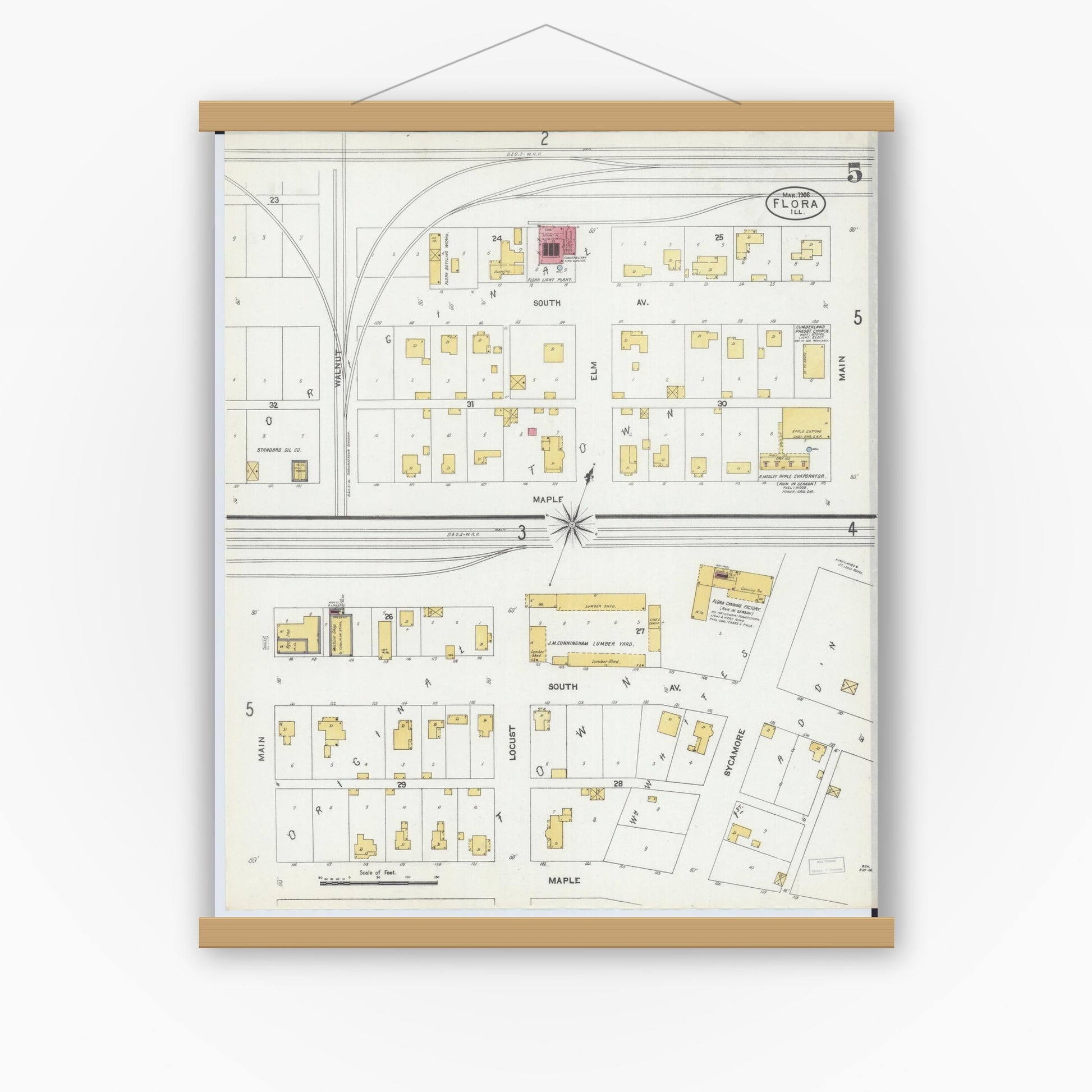 Old map wall art mockup — magnetic wood frame on white wall — Sanborn Fire Insurance Map from Flora, Clay County, Illinois (1906), Sheet #0005