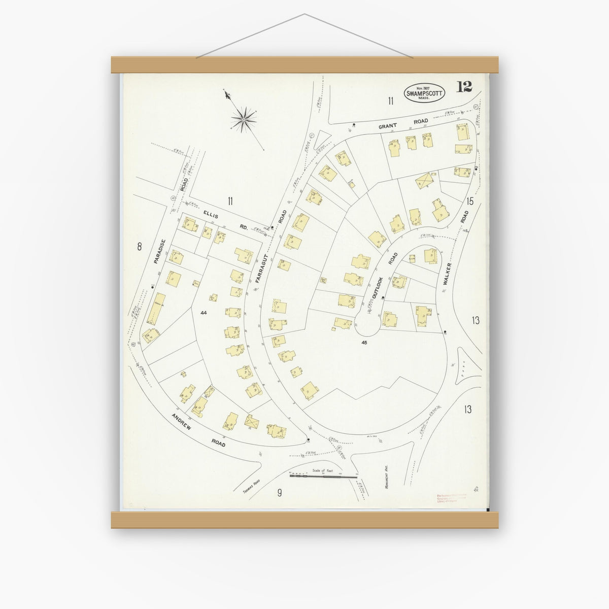 Old map wall art mockup — magnetic wood frame on white wall — Sanborn Fire Insurance Map from Swampscott, Essex County, Massachusetts (1907), Sheet #0012