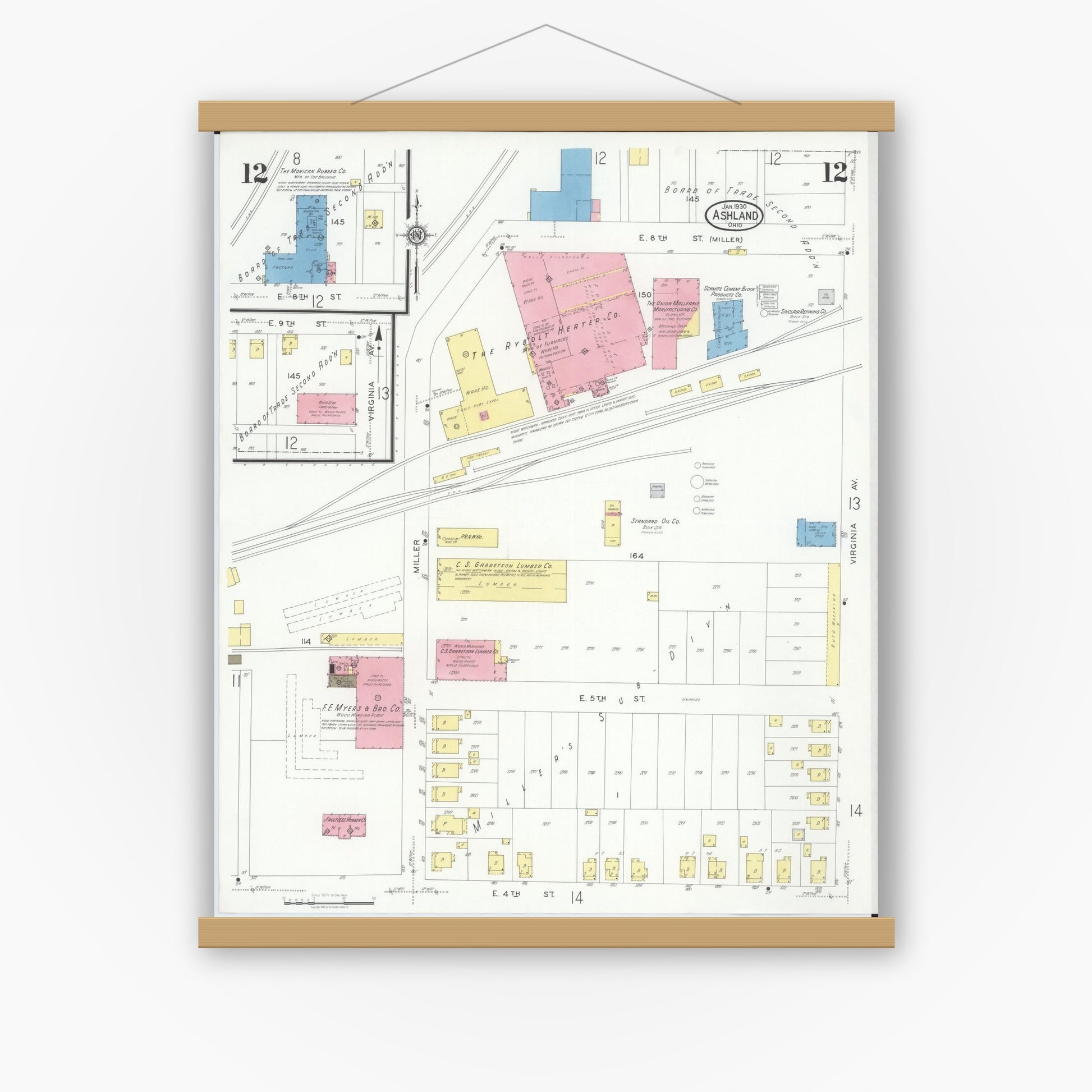 Old map wall art mockup — magnetic wood frame on white wall — Sanborn Fire Insurance Map from Ashland, Ashland County, Ohio (1930), Sheet #0012