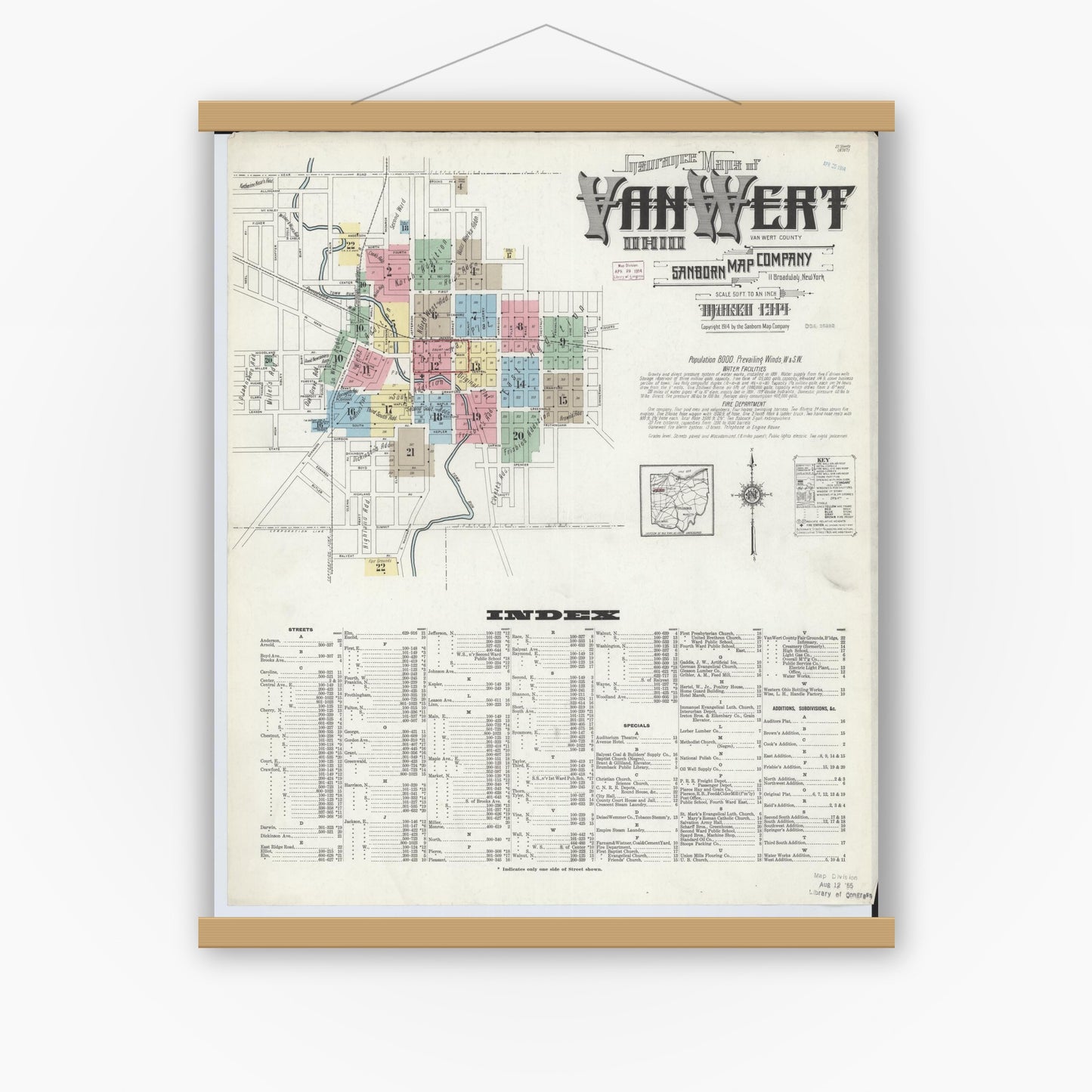 Old map wall art mockup — magnetic wood frame on white wall — Sanborn Fire Insurance Map from Van Wert, Van Wert County, Ohio (1914), Sheet #0001