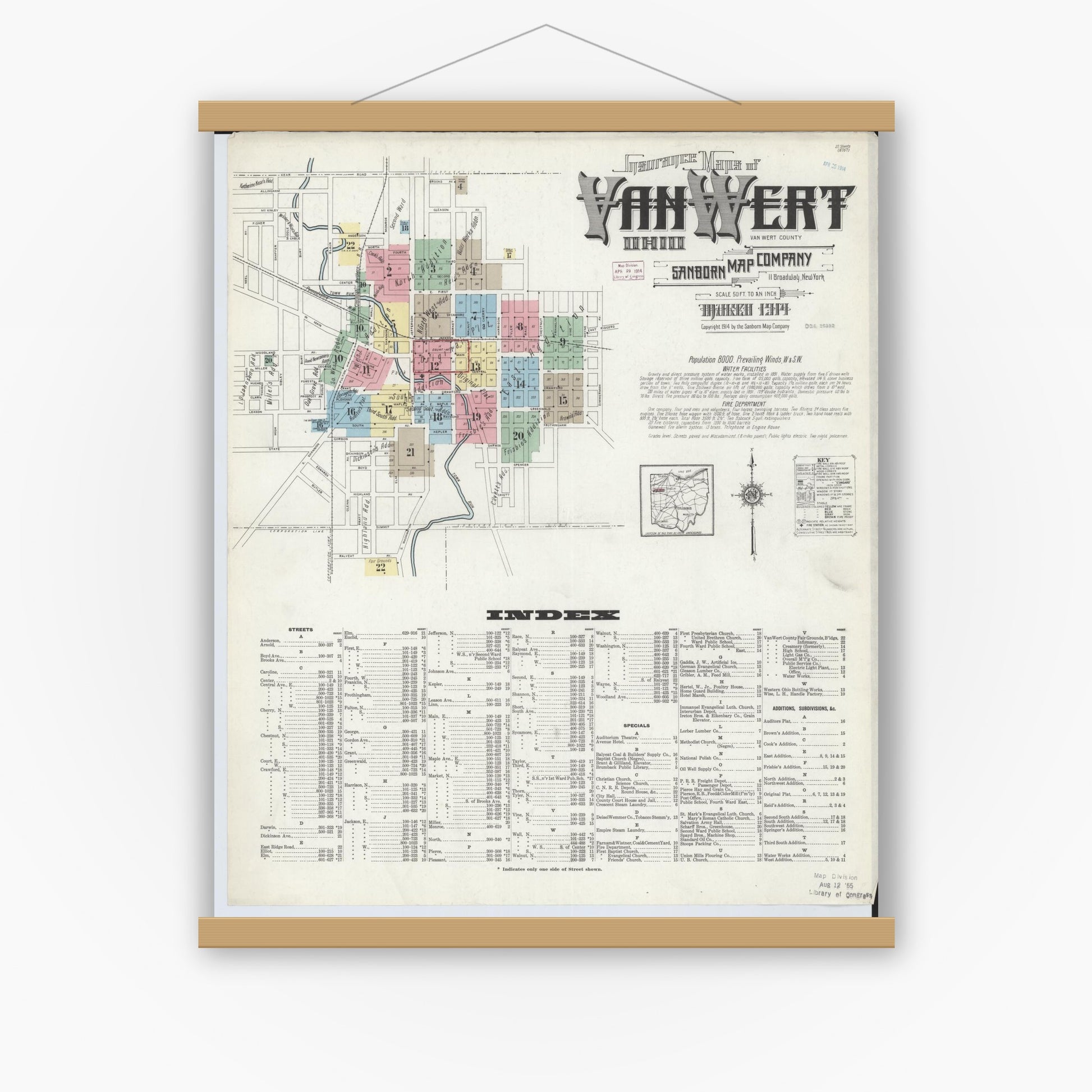 Old map wall art mockup — magnetic wood frame on white wall — Sanborn Fire Insurance Map from Van Wert, Van Wert County, Ohio (1914), Sheet #0001