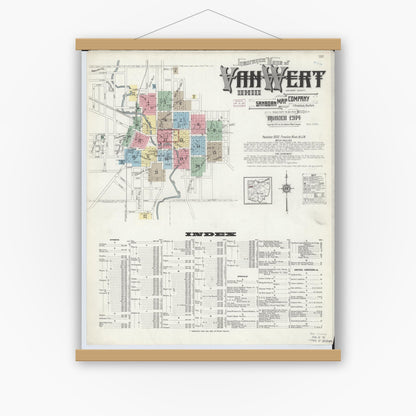 Old map wall art mockup — magnetic wood frame on white wall — Sanborn Fire Insurance Map from Van Wert, Van Wert County, Ohio (1914), Sheet #0001