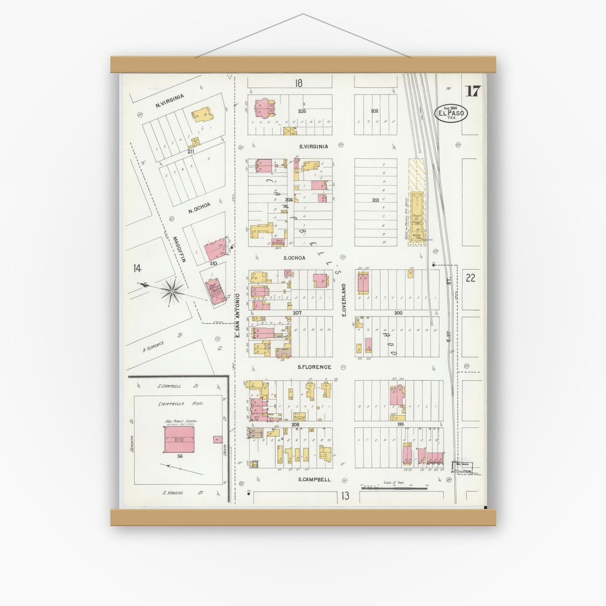 Old map wall art mockup — magnetic wood frame on white wall — Sanborn Fire Insurance Map from El Paso, El Paso County, Texas (1900), Sheet #0017