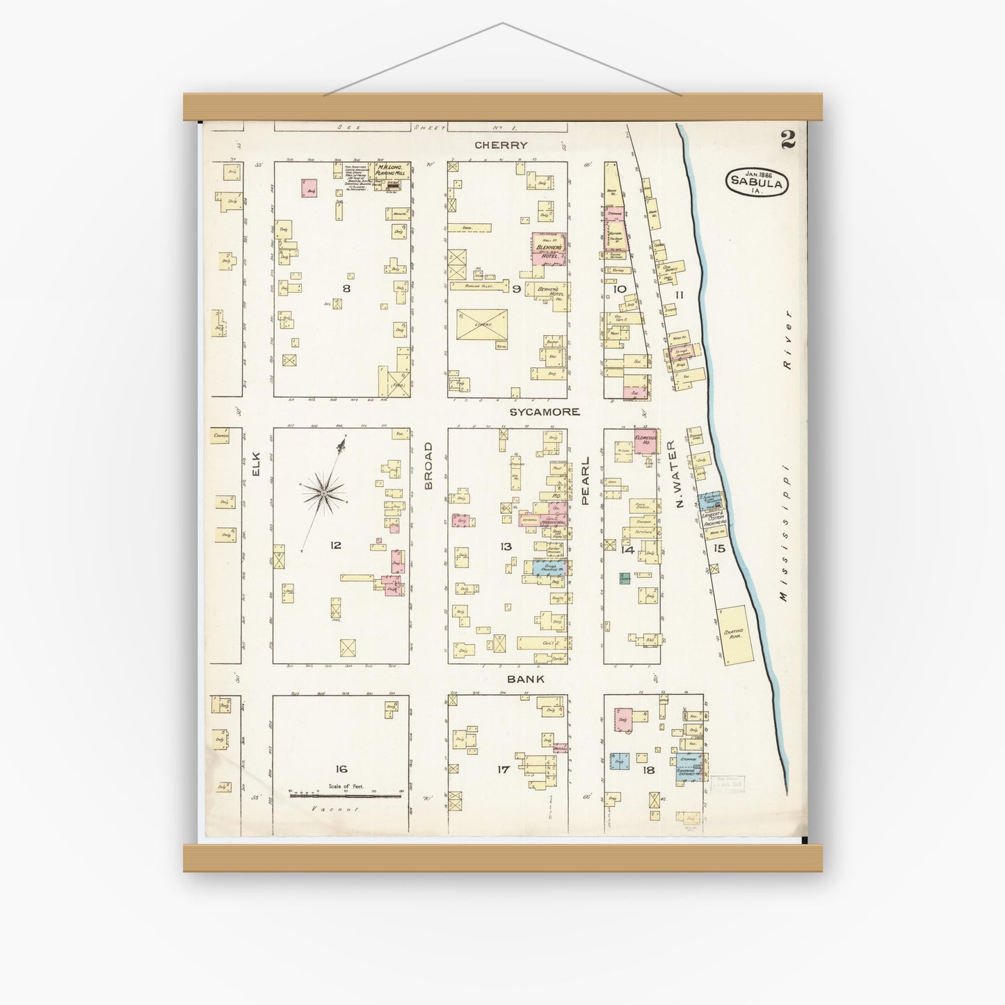 Old map wall art mockup — magnetic wood frame on white wall — Sanborn Fire Insurance Map from Sabula, Jackson County, Iowa (1886), Sheet #0002