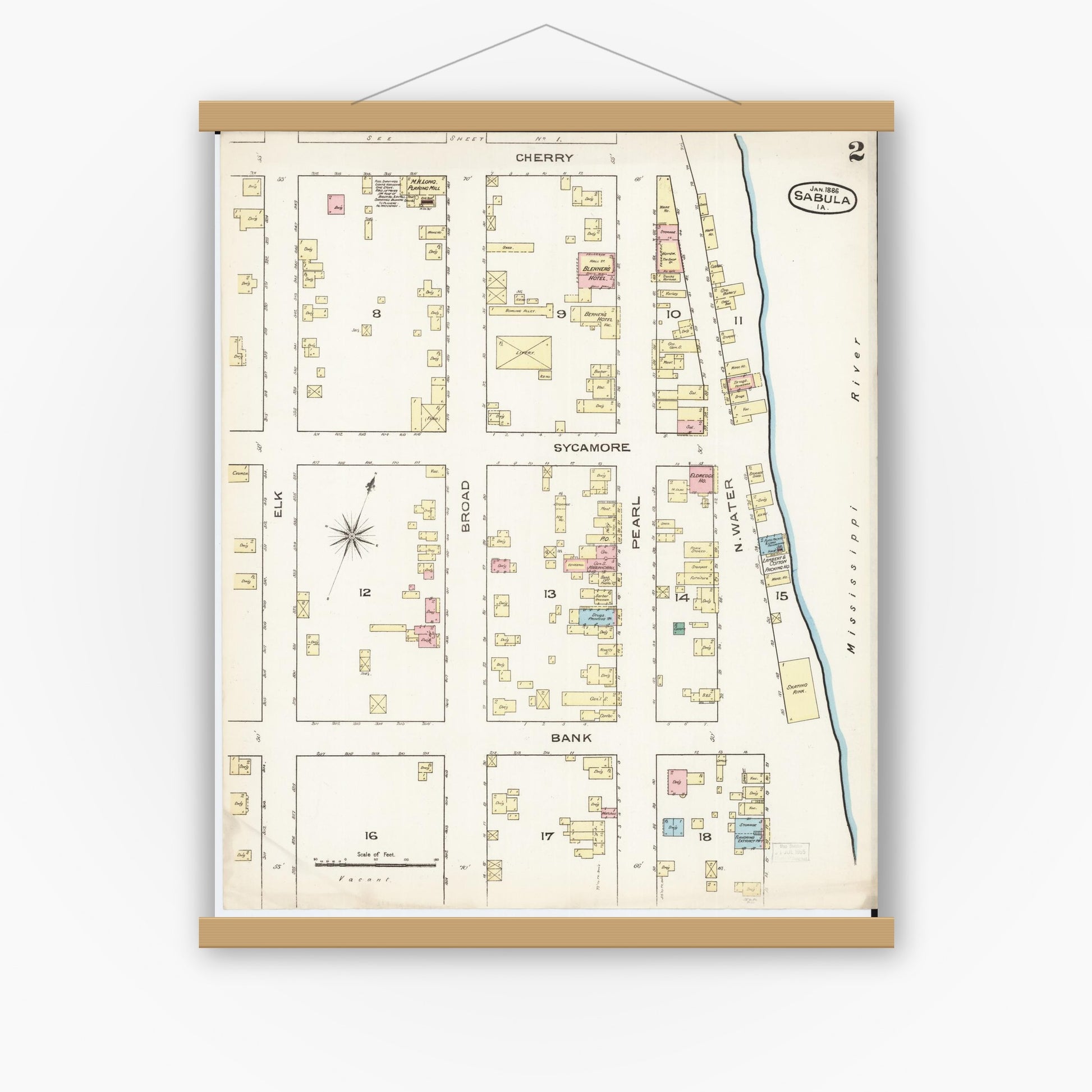 Old map wall art mockup — magnetic wood frame on white wall — Sanborn Fire Insurance Map from Sabula, Jackson County, Iowa (1886), Sheet #0002