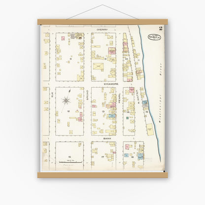 Old map wall art mockup — magnetic wood frame on white wall — Sanborn Fire Insurance Map from Sabula, Jackson County, Iowa (1886), Sheet #0002