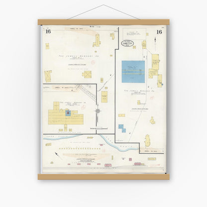Old map wall art mockup — magnetic wood frame on white wall — Sanborn Fire Insurance Map from Lake City, Wabasha County, Minnesota (1938), Sheet #0016