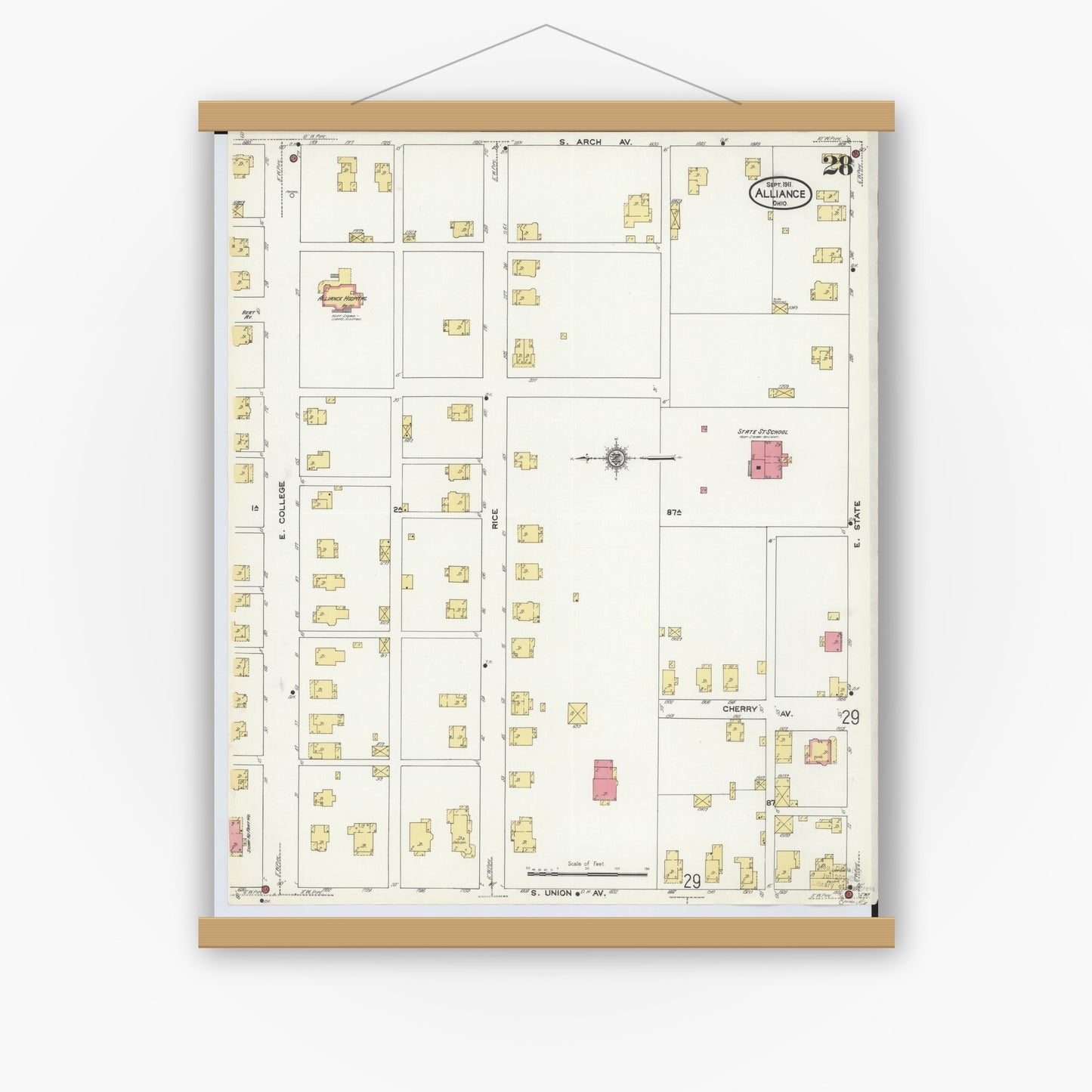 Old map wall art mockup — magnetic wood frame on white wall — Sanborn Fire Insurance Map from Alliance, Stark County, Ohio (1911), Sheet #0028