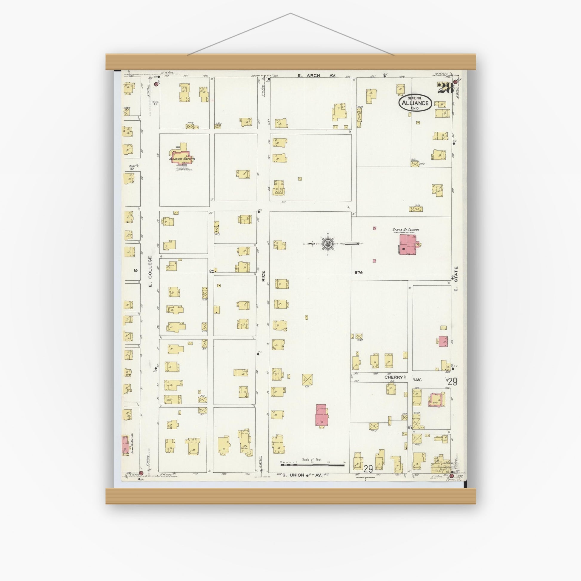 Old map wall art mockup — magnetic wood frame on white wall — Sanborn Fire Insurance Map from Alliance, Stark County, Ohio (1911), Sheet #0028