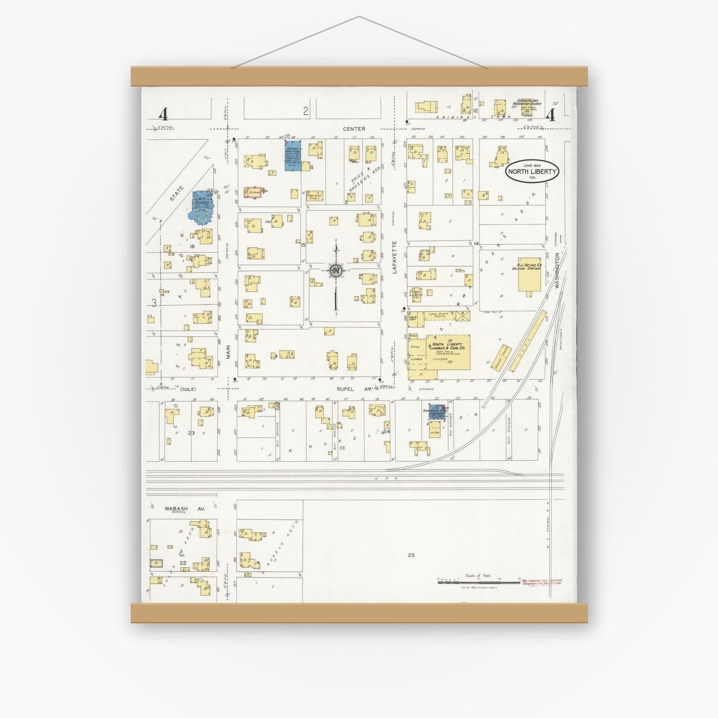 Old map wall art mockup — magnetic wood frame on white wall — Sanborn Fire Insurance Map from North Liberty, Saint Joseph County, Indiana (1929), Sheet #0004