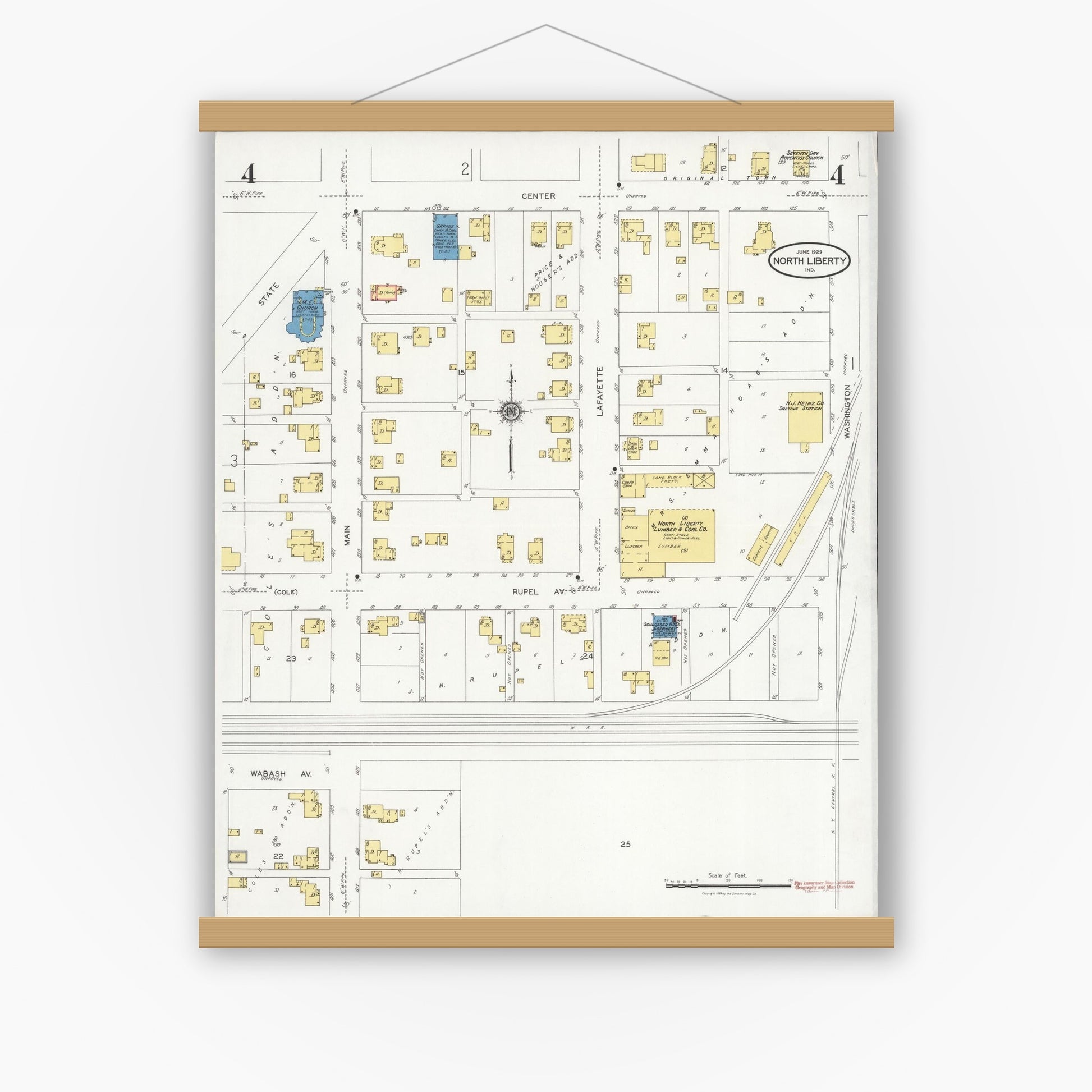 Old map wall art mockup — magnetic wood frame on white wall — Sanborn Fire Insurance Map from North Liberty, Saint Joseph County, Indiana (1929), Sheet #0004