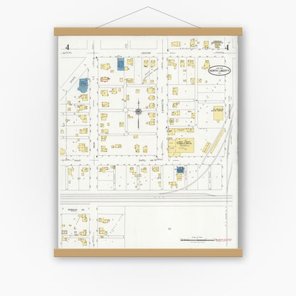 Old map wall art mockup — magnetic wood frame on white wall — Sanborn Fire Insurance Map from North Liberty, Saint Joseph County, Indiana (1929), Sheet #0004
