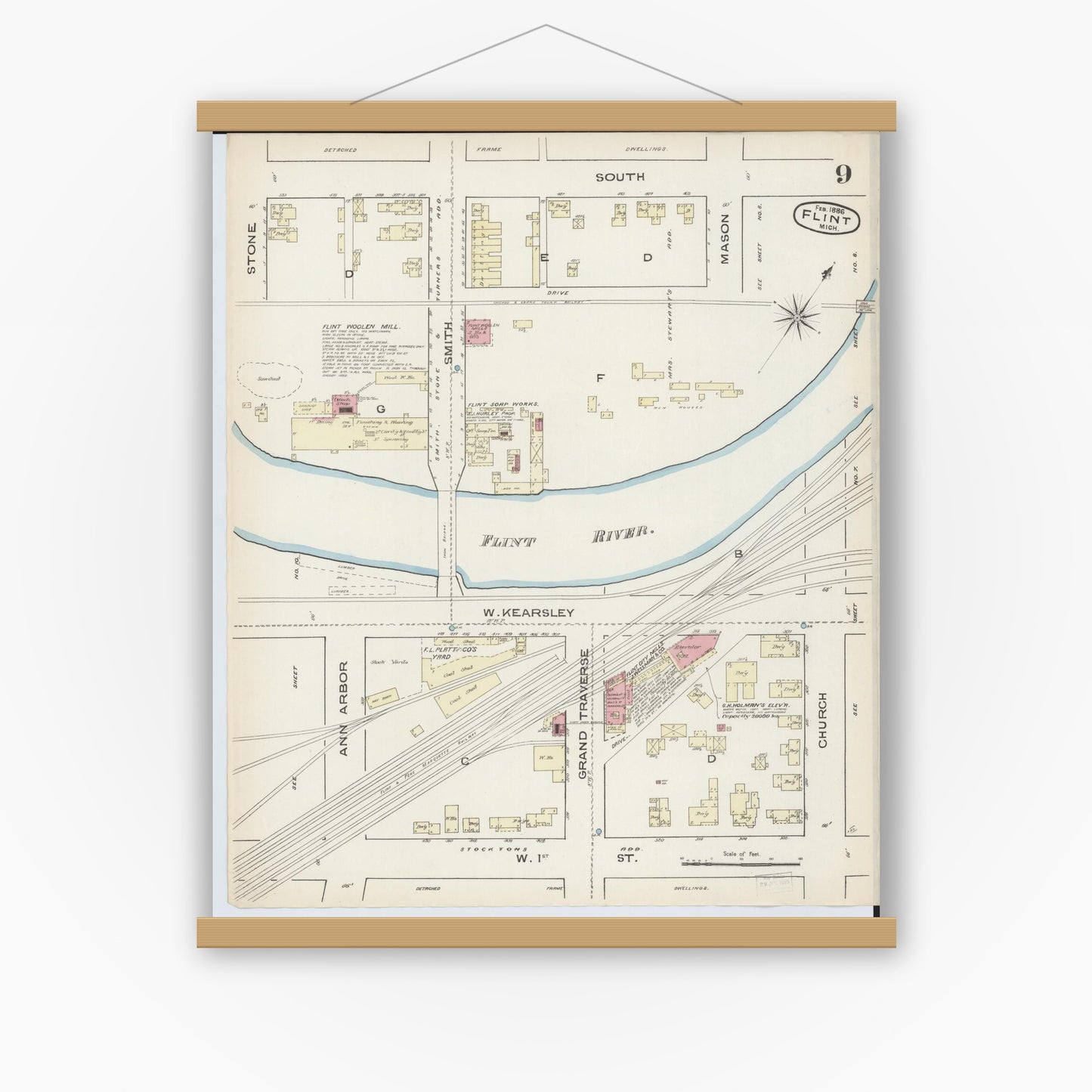 Old map wall art mockup — magnetic wood frame on white wall — Sanborn Fire Insurance Map from Flint, Genesee County, Michigan (1886), Sheet #0009