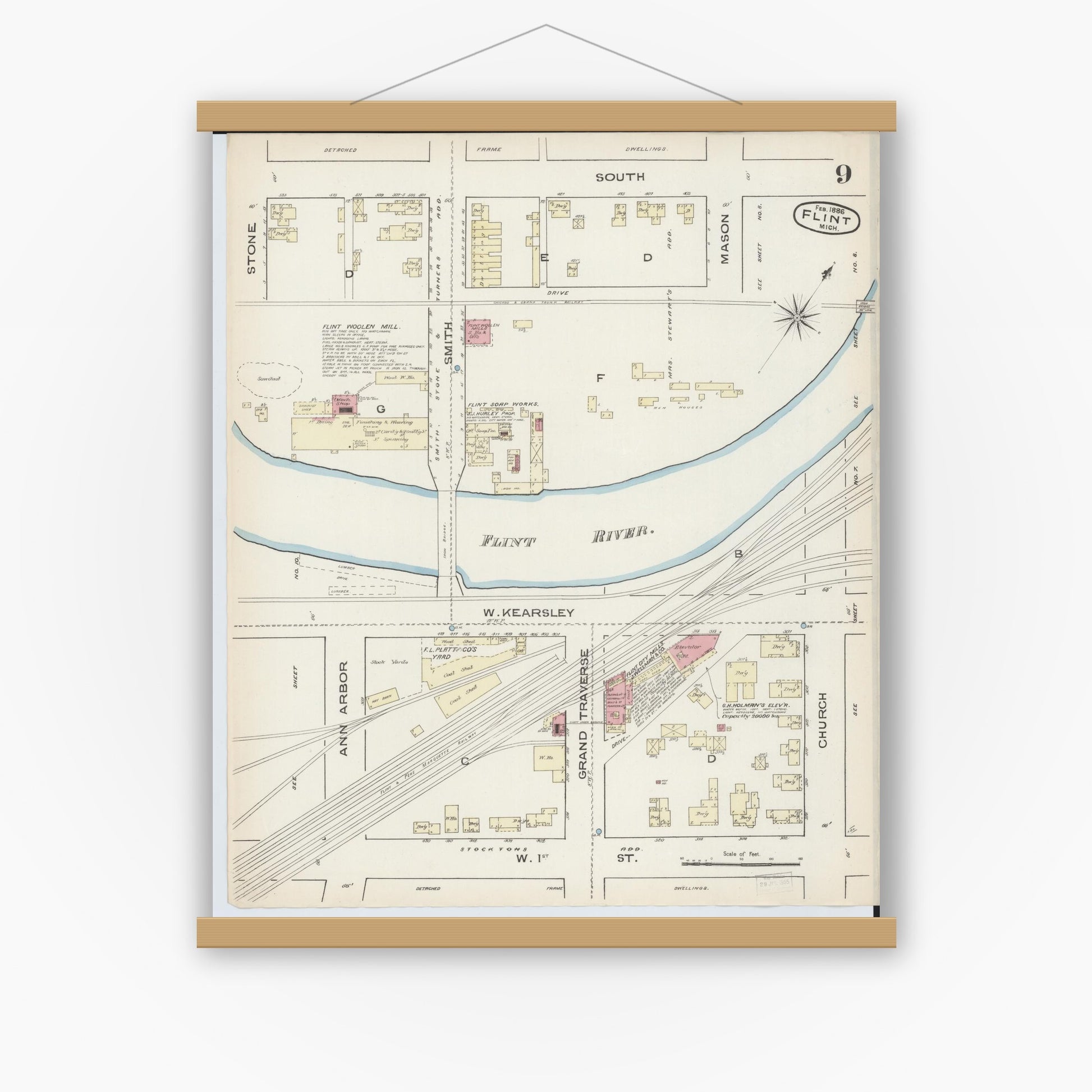 Old map wall art mockup — magnetic wood frame on white wall — Sanborn Fire Insurance Map from Flint, Genesee County, Michigan (1886), Sheet #0009