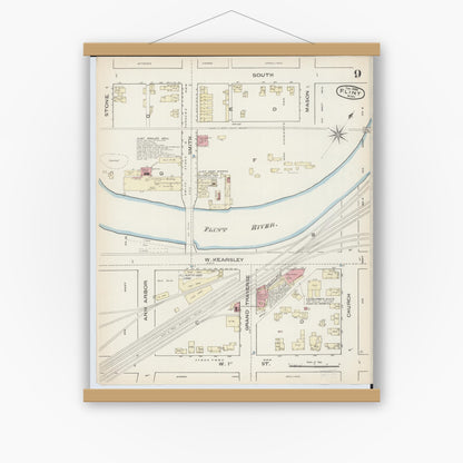 Old map wall art mockup — magnetic wood frame on white wall — Sanborn Fire Insurance Map from Flint, Genesee County, Michigan (1886), Sheet #0009