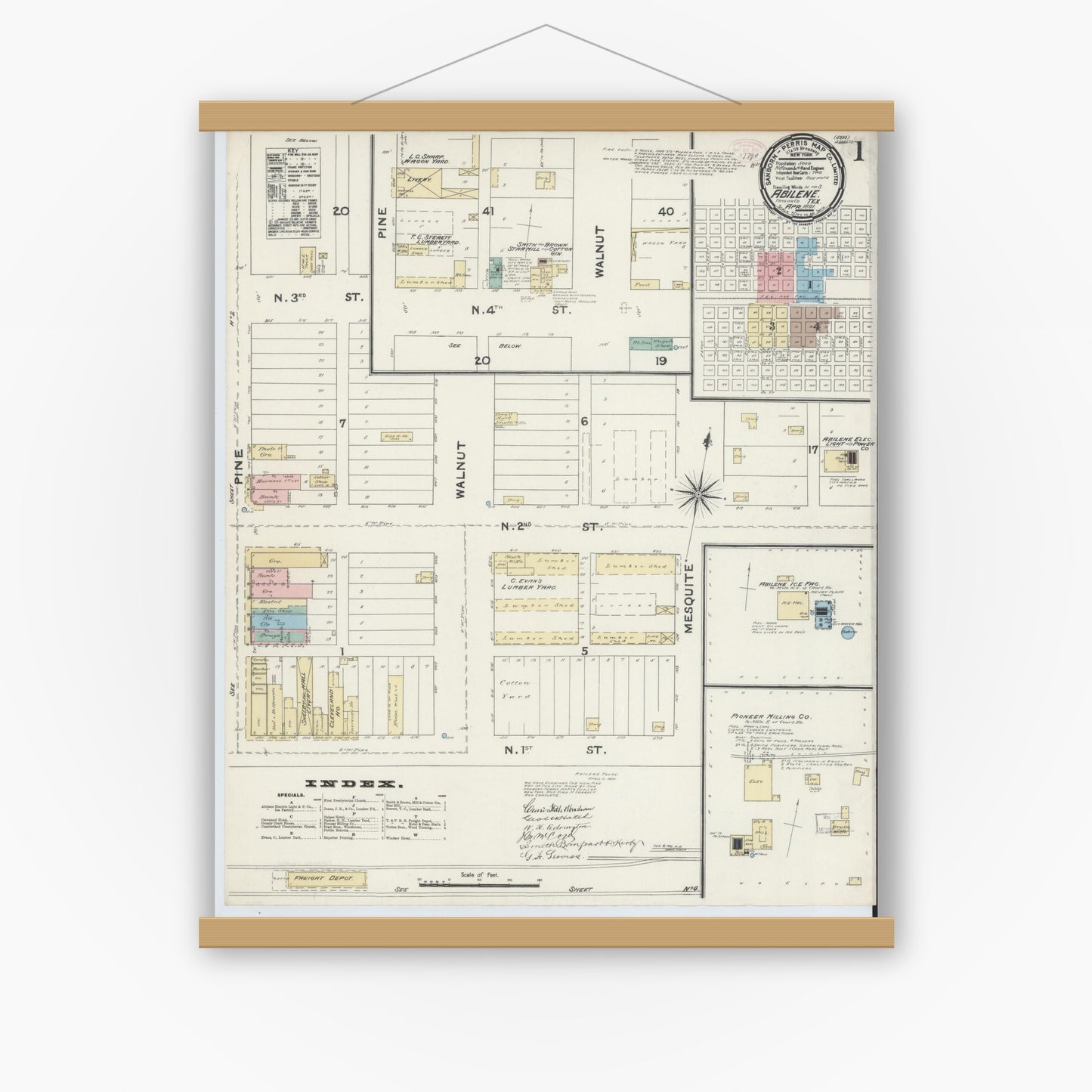 Old map wall art mockup — magnetic wood frame on white wall — Sanborn Fire Insurance Map from Abilene, Taylor County, Texas (1891), Sheet #0001