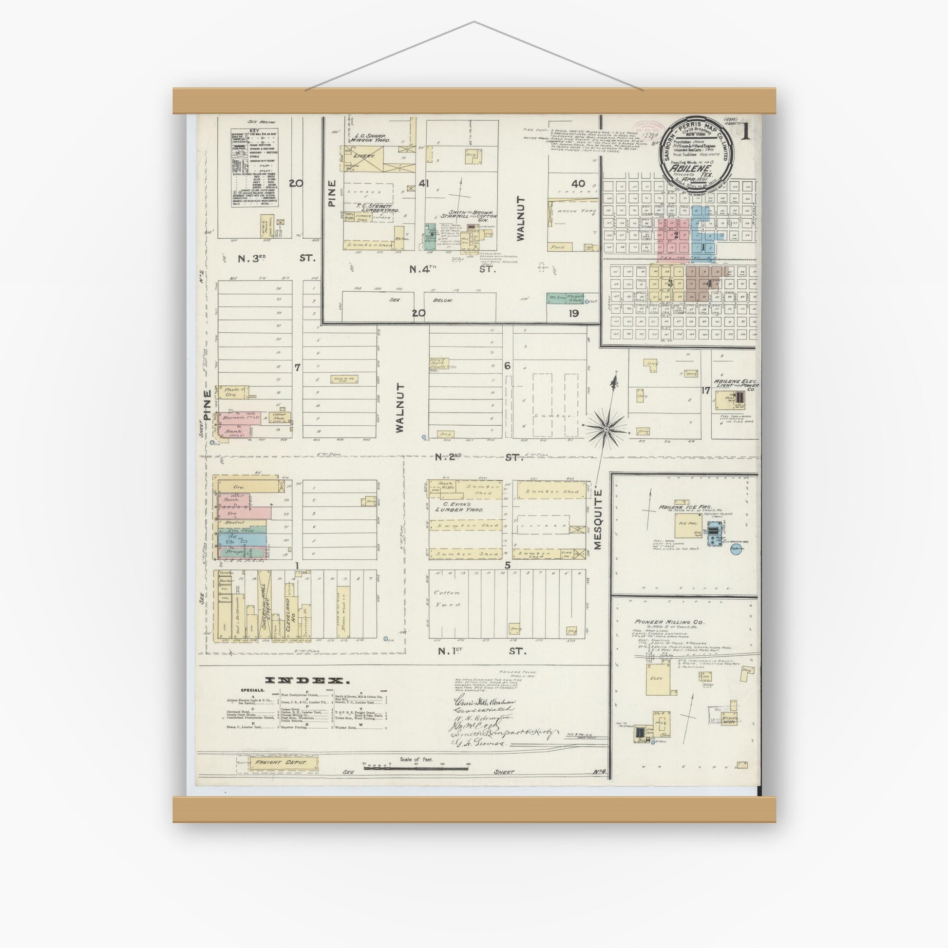 Old map wall art mockup — magnetic wood frame on white wall — Sanborn Fire Insurance Map from Abilene, Taylor County, Texas (1891), Sheet #0001