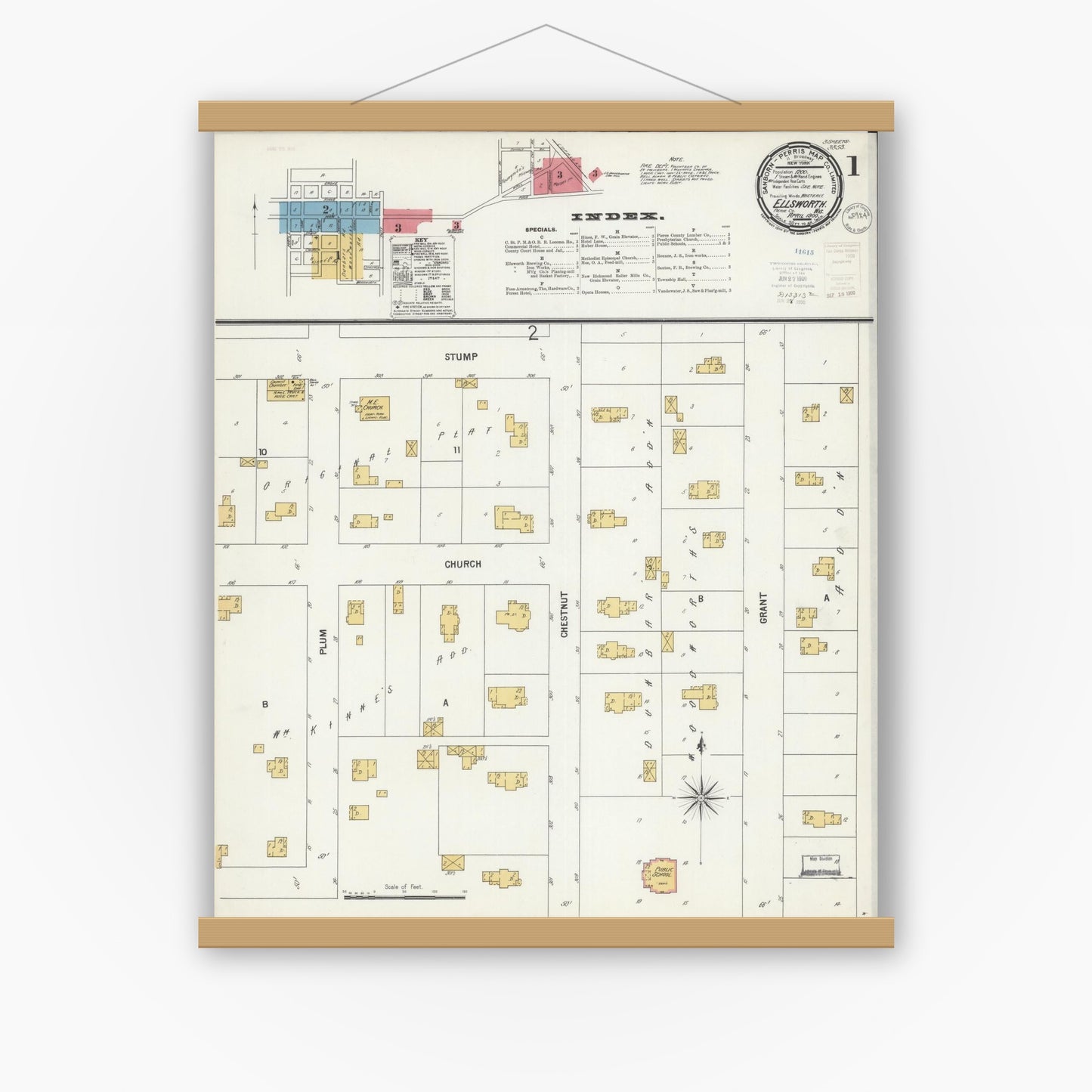Old map wall art mockup — magnetic wood frame on white wall — Sanborn Fire Insurance Map from Ellsworth, Pierce County, Wisconsin (1900) - Complete Map Set
