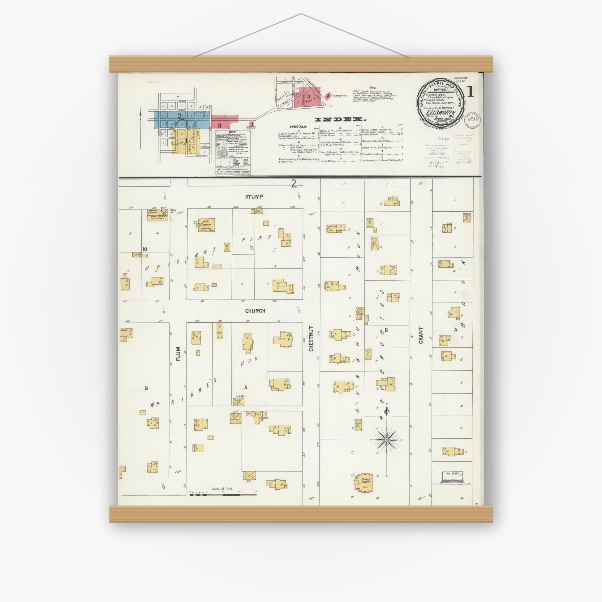 Old map wall art mockup — magnetic wood frame on white wall — Sanborn Fire Insurance Map from Ellsworth, Pierce County, Wisconsin (1900) - Complete Map Set