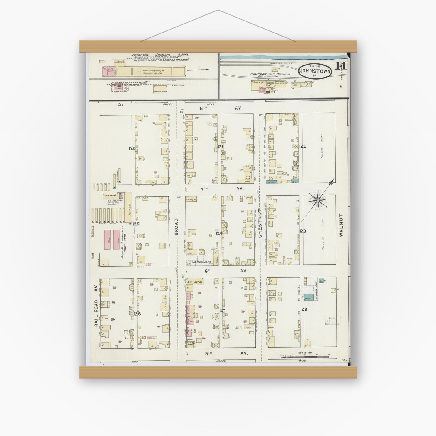 Old map wall art mockup — magnetic wood frame on white wall — Sanborn Fire Insurance Map from Johnstown, Cambria County, Pennsylvania (1891), Sheet #0014