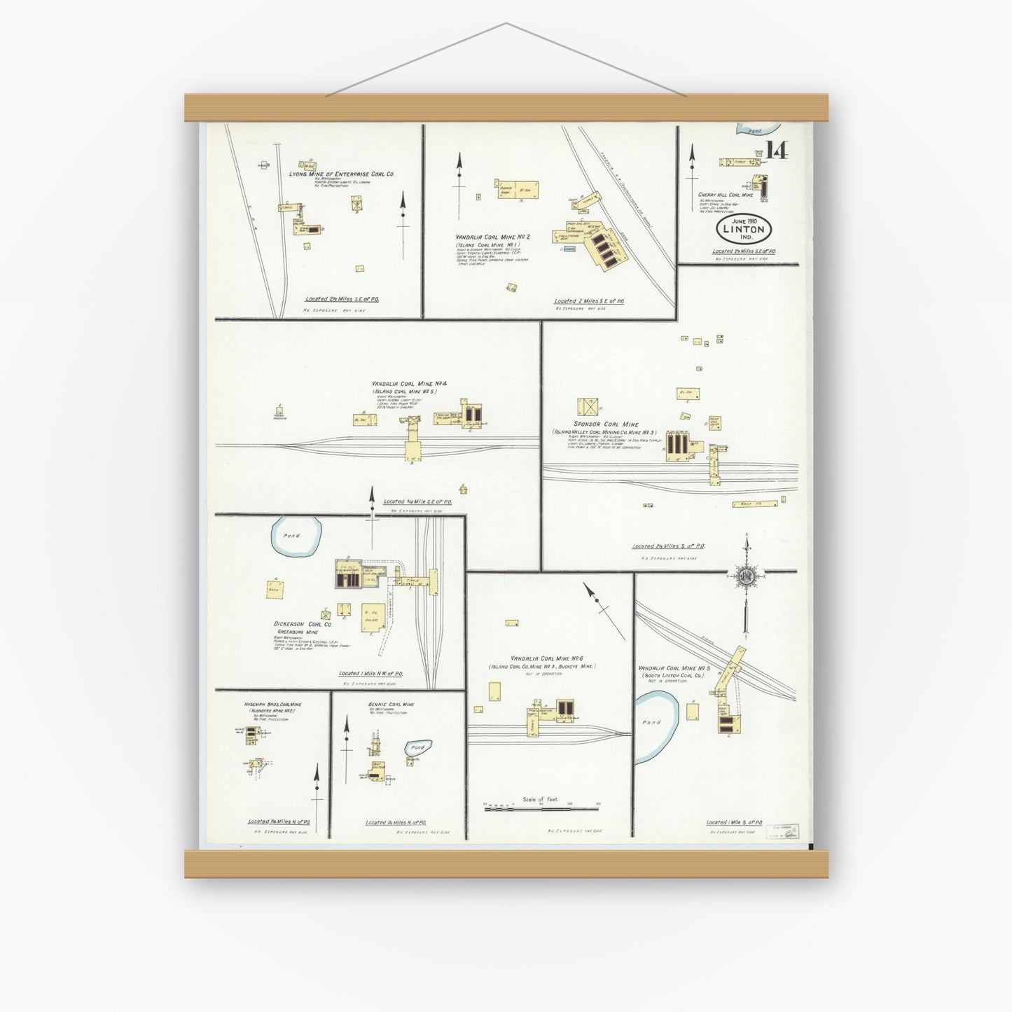 Old map wall art mockup — magnetic wood frame on white wall — Sanborn Fire Insurance Map from Linton, Greene County, Indiana (1910), Sheet #0014
